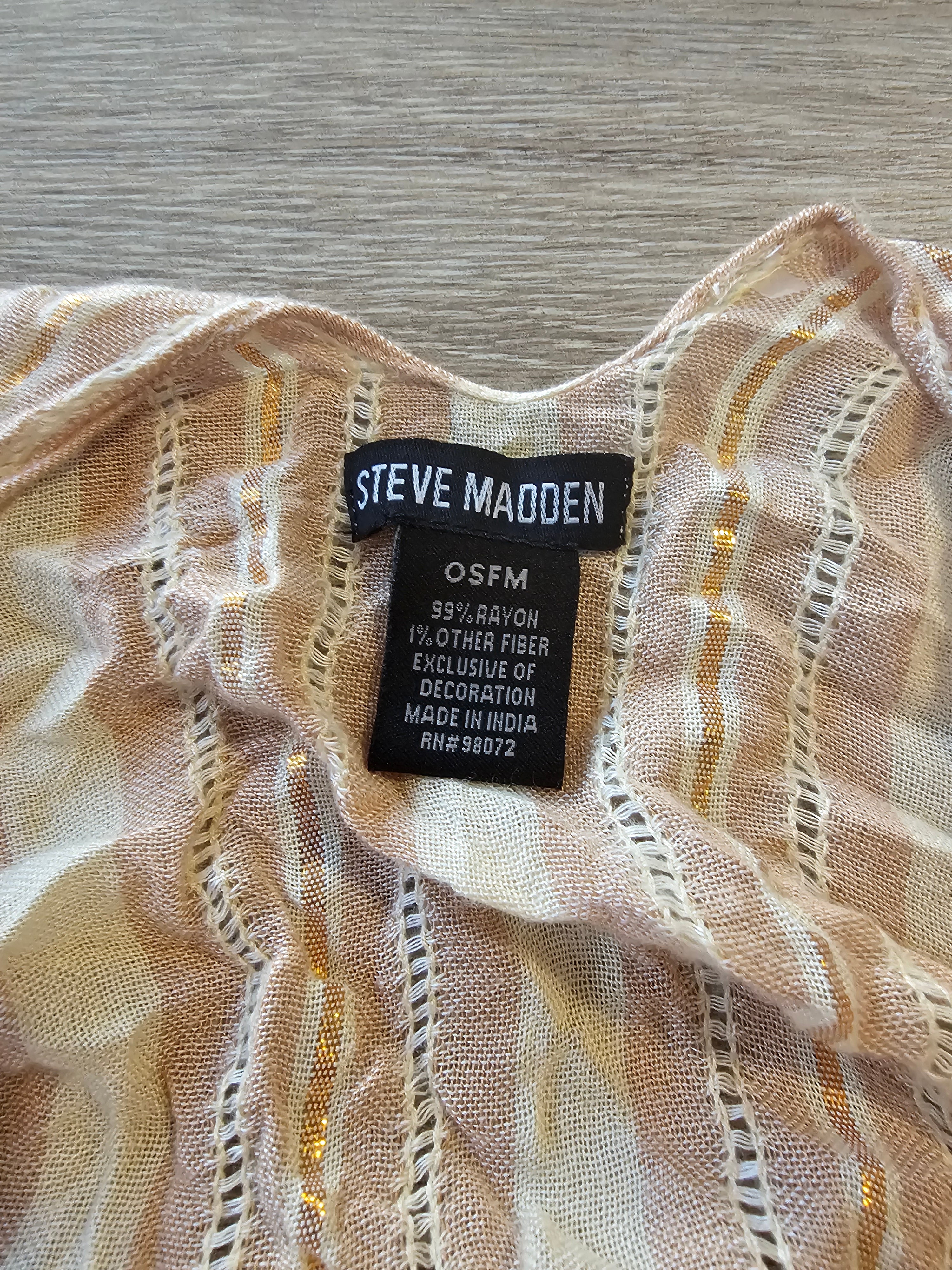 Steve Madden Striped Kimono Cover-Up OSFM Neutral Gold Shimmer Ruffle Hem