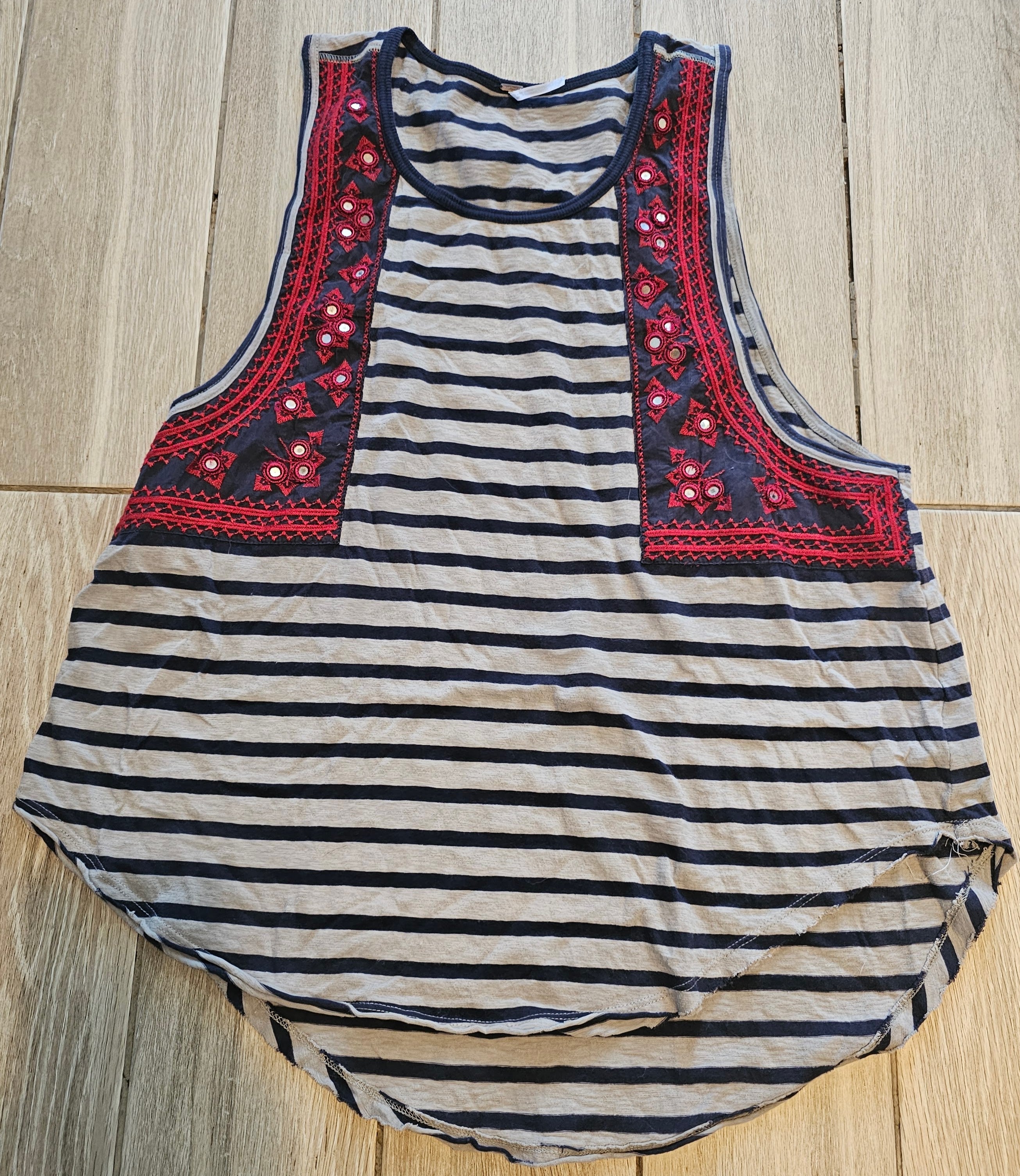 Free People Embroidered Striped Tank Top β Navy & Gray with Red Detail β Size Large