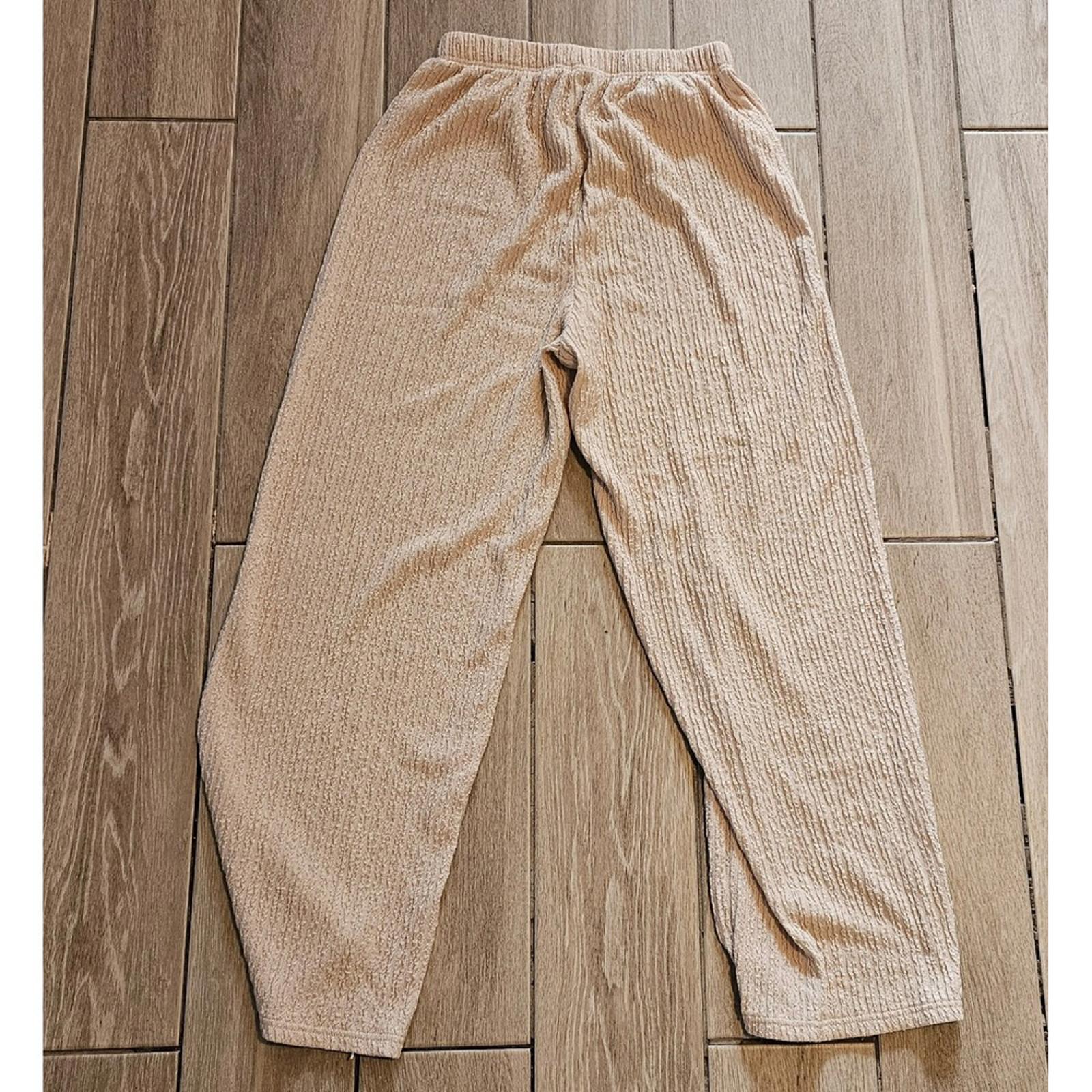 Beige Textured Lounge Pants Large Elastic Waist Relaxed Fit Casual