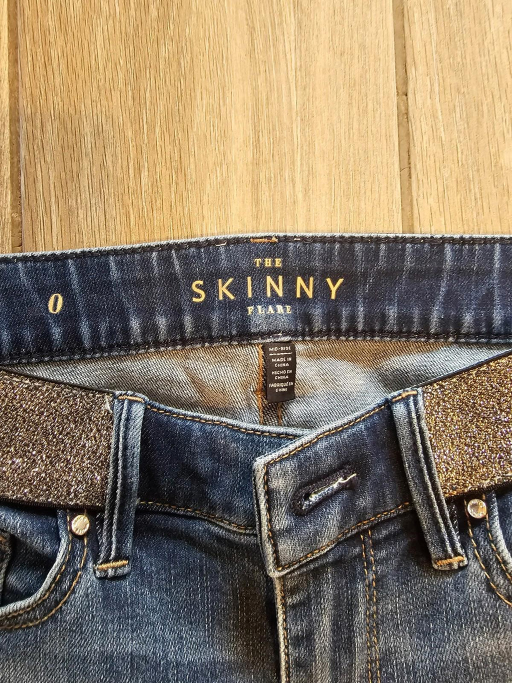 The Skinny Flare Jeans Size 0 Mid Rise Dark Wash Glitter Waistband