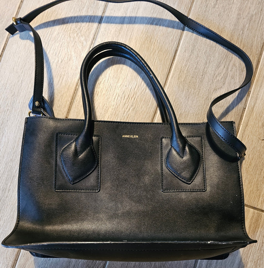 Anne Klein Black Structured Satchel Tote – Gold Lion Emblem – Top Handle & Cross