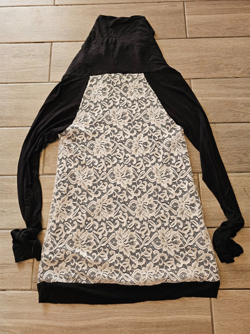 12PM by Mon Ami Lace Hoodie Top – Black & Cream Large or XL