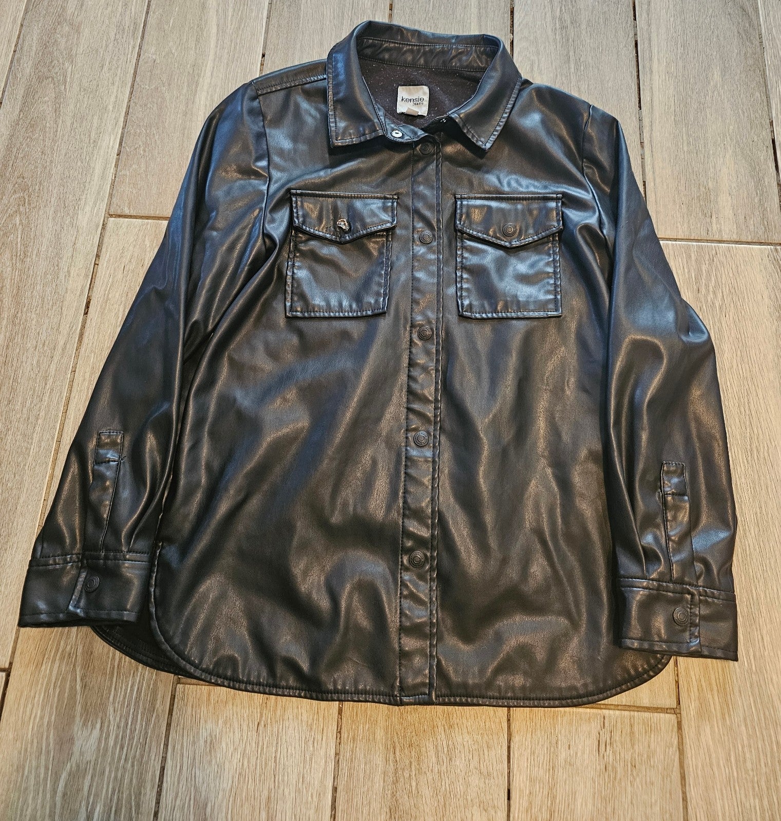 Kensie Jeans Faux Leather Button-Up Shirt Jacket – Black – Women’s Medium