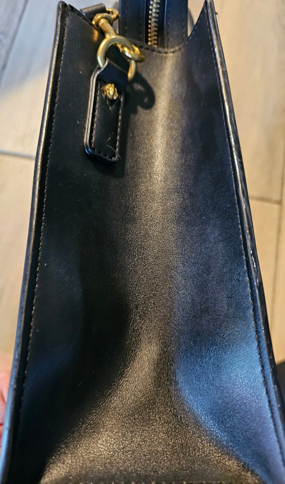Anne Klein Black Structured Satchel Tote – Gold Lion Emblem – Top Handle & Cross