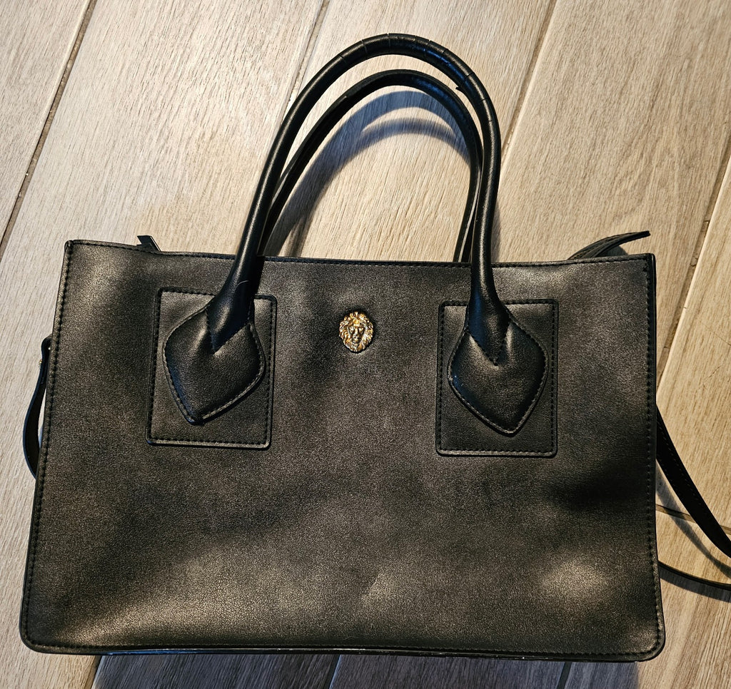 Anne Klein Black Structured Satchel Tote – Gold Lion Emblem – Top Handle & Cross