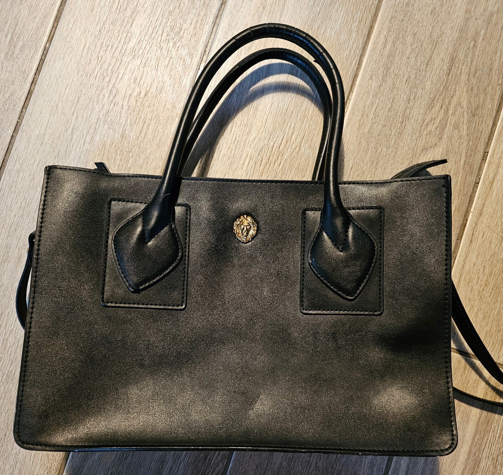 Anne Klein Black Structured Satchel Tote – Gold Lion Emblem – Top Handle & Cross