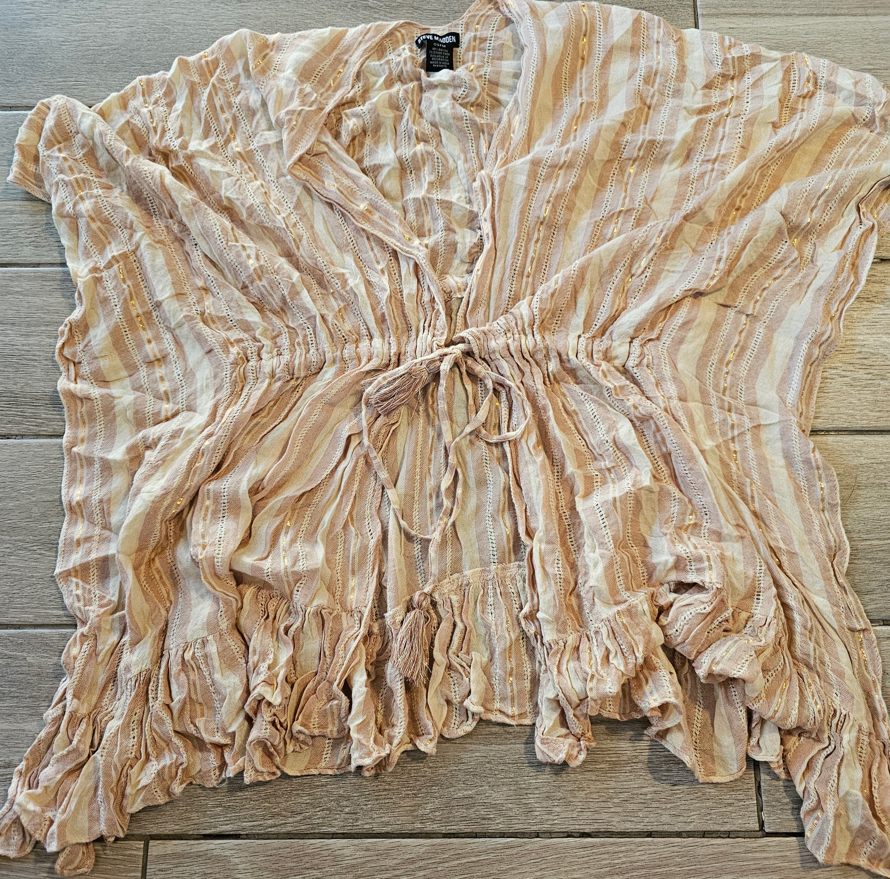 Steve Madden Striped Kimono Cover-Up OSFM Neutral Gold Shimmer Ruffle Hem