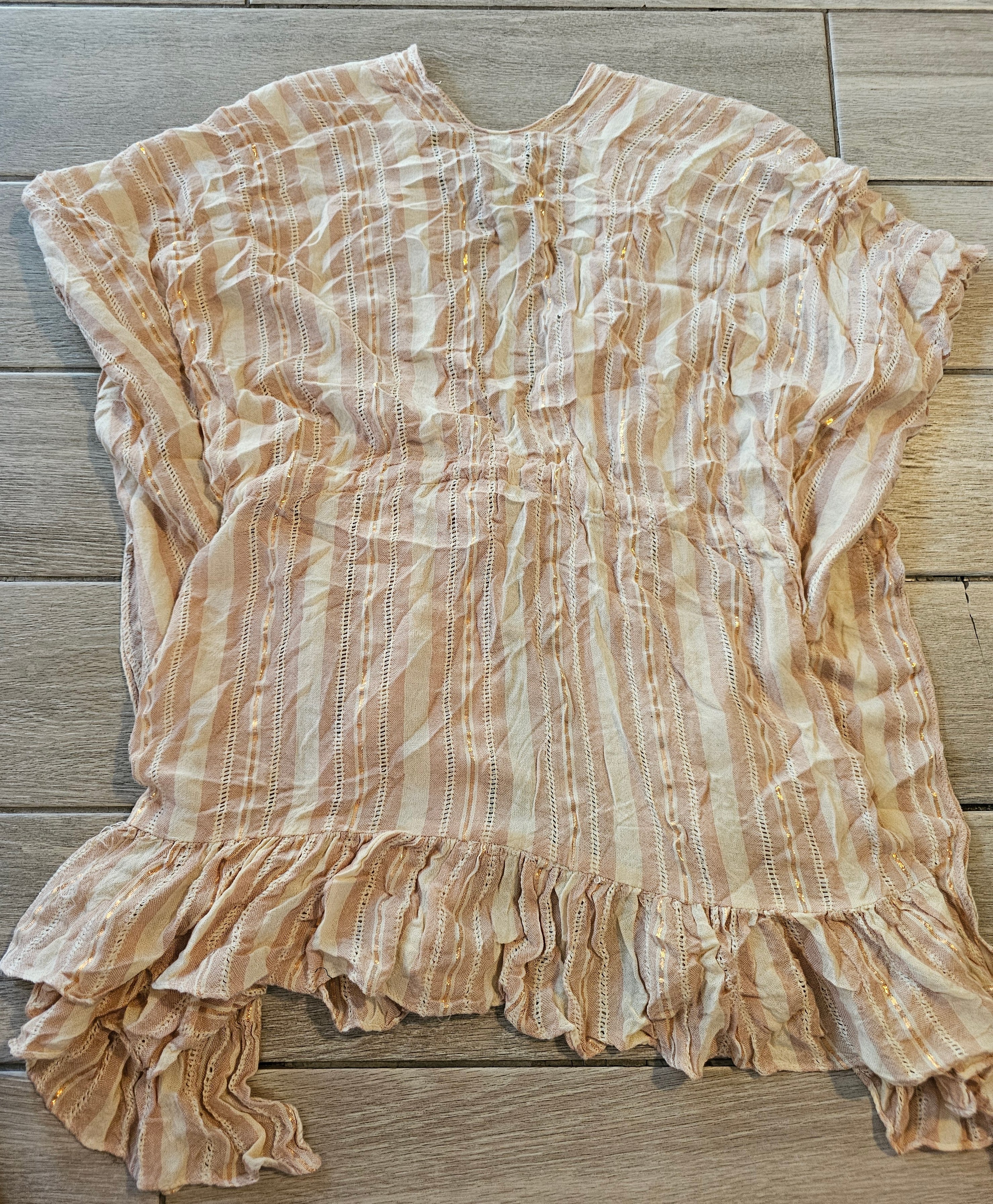 Steve Madden Striped Kimono Cover-Up OSFM Neutral Gold Shimmer Ruffle Hem