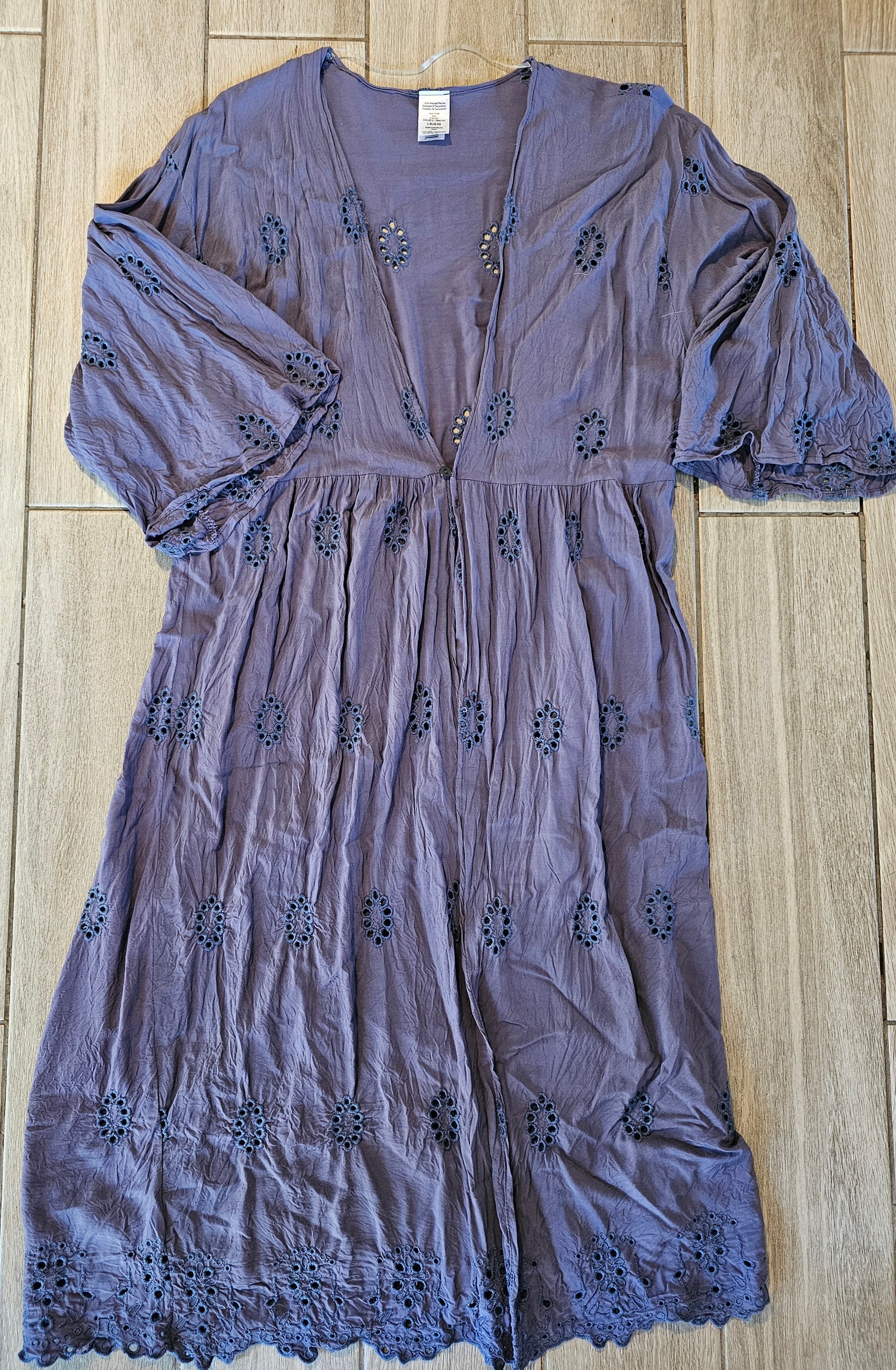 Blue Eyelet Embroidered Kimono Duster L/XL Scalloped Hem Boho Layering Piece