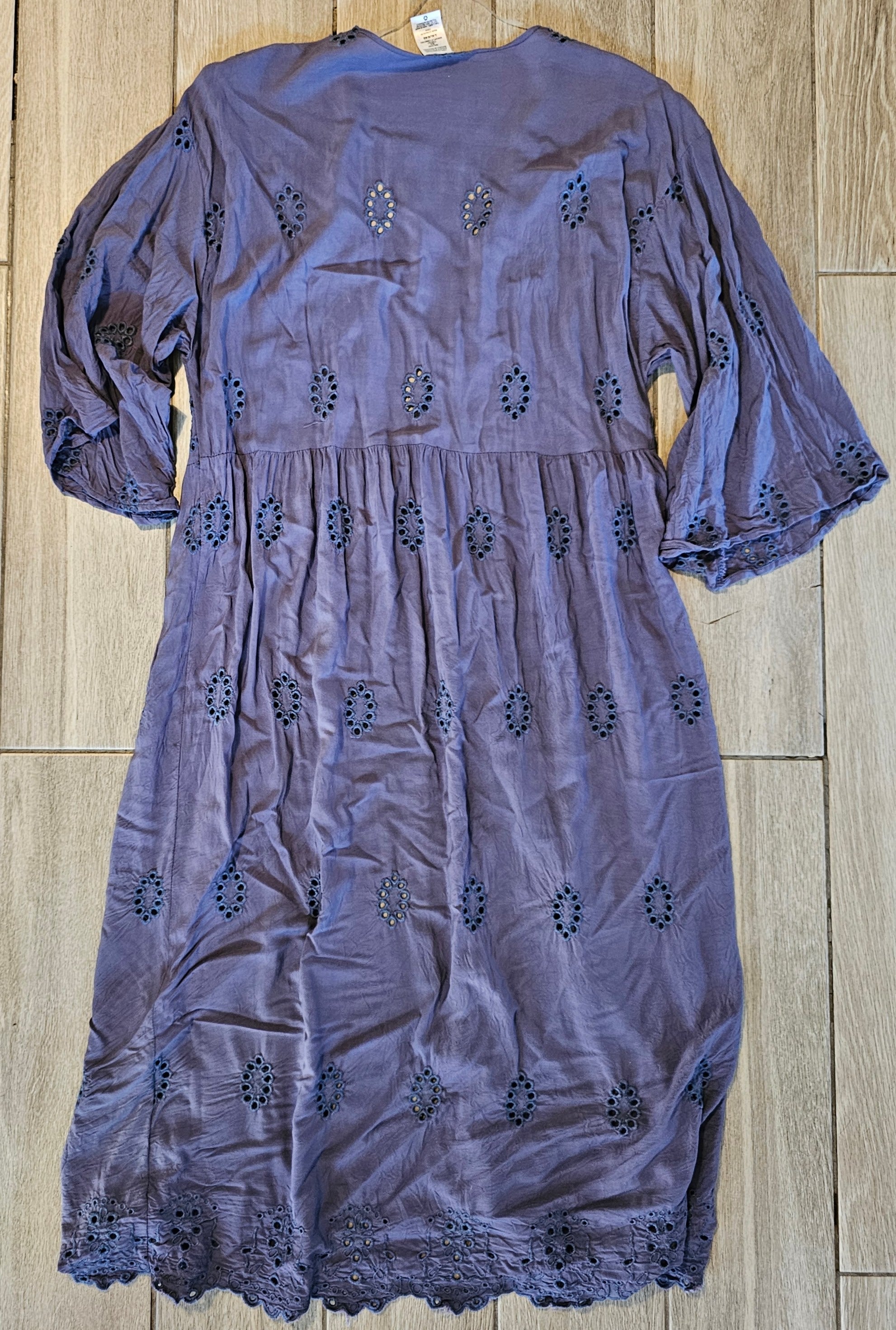 Blue Eyelet Embroidered Kimono Duster L/XL Scalloped Hem Boho Layering Piece