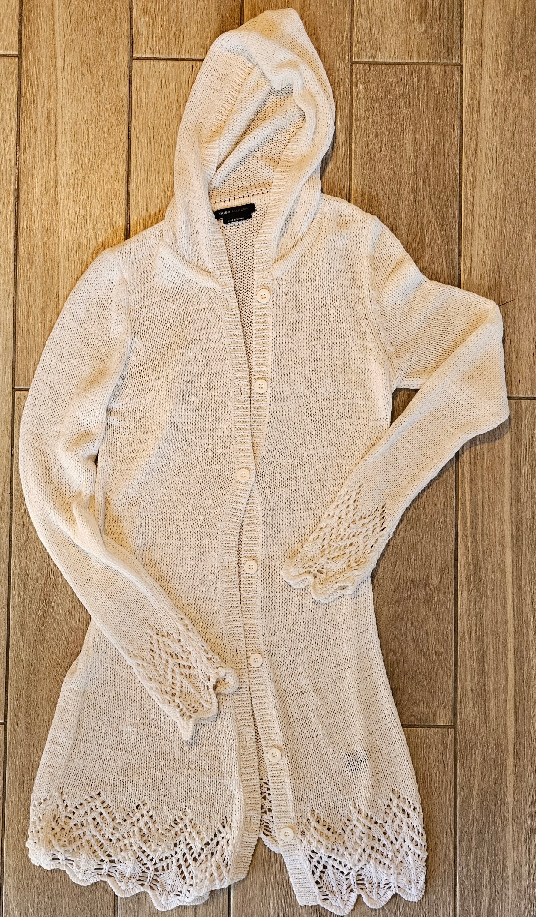 BCBG Max Azria Cream Hooded Knit Cardigan Size L Button Front Lace Trim