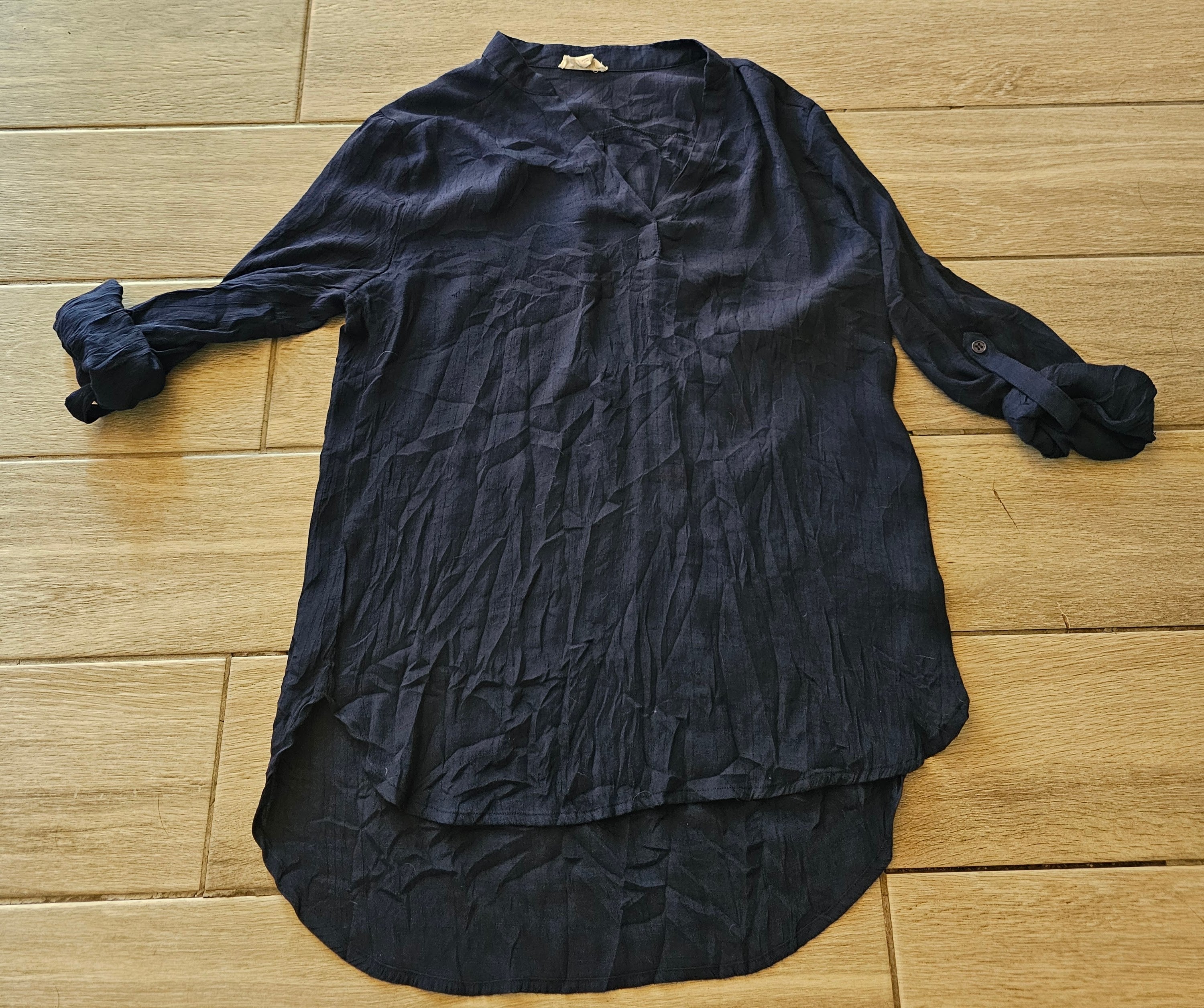 Messini Tunic Blouse – Navy Blue – Size Small – Lightweight Roll-Tab Sleeve