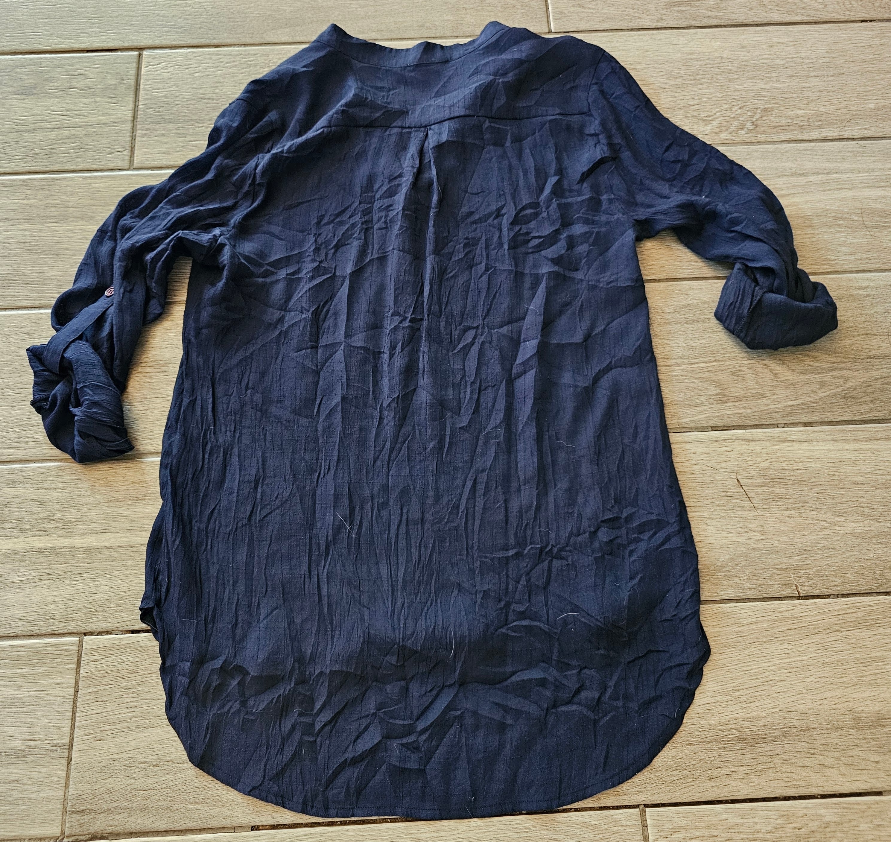 Messini Tunic Blouse – Navy Blue – Size Small – Lightweight Roll-Tab Sleeve