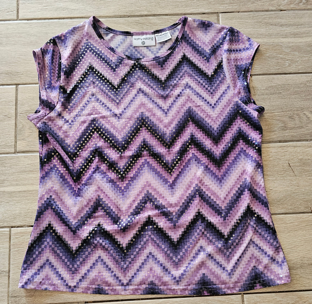 Kathy Ireland Womens Black & Purple L Sequin Like Material Top Blouse Cap Sleeve