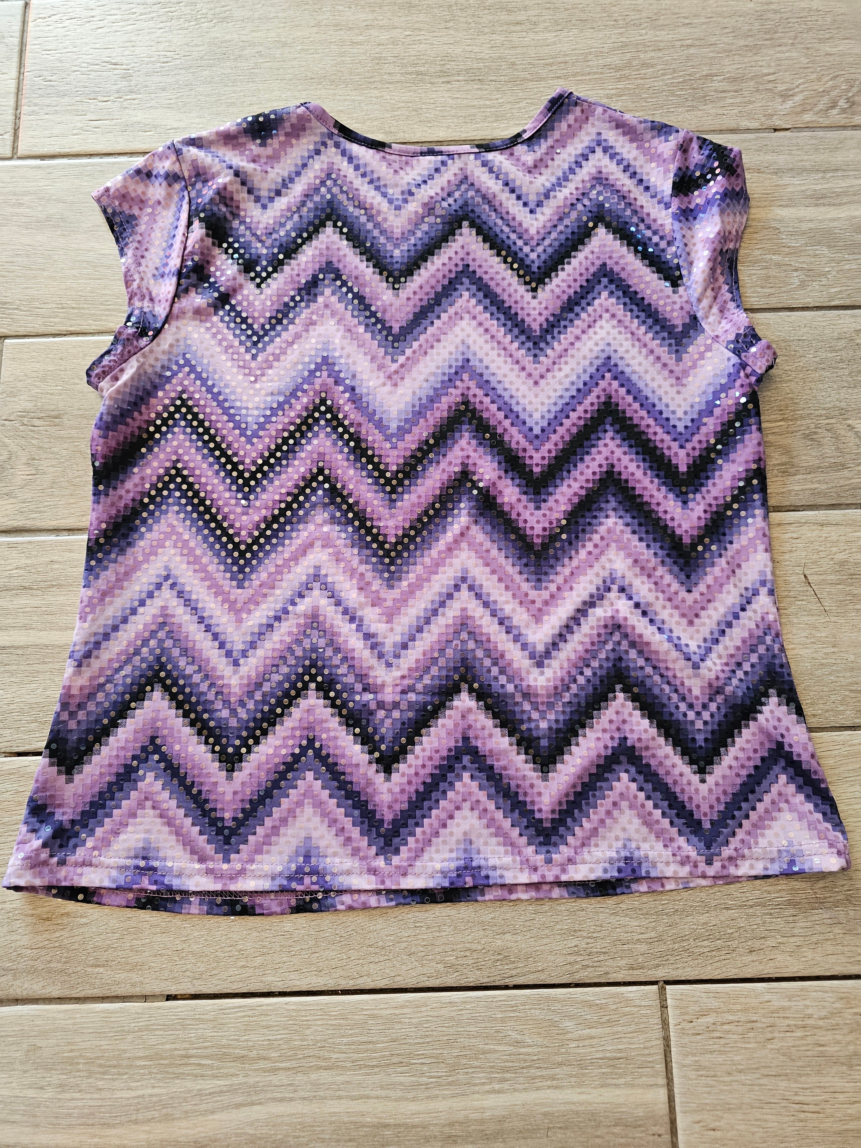 Kathy Ireland Womens Black & Purple L Sequin Like Material Top Blouse Cap Sleeve