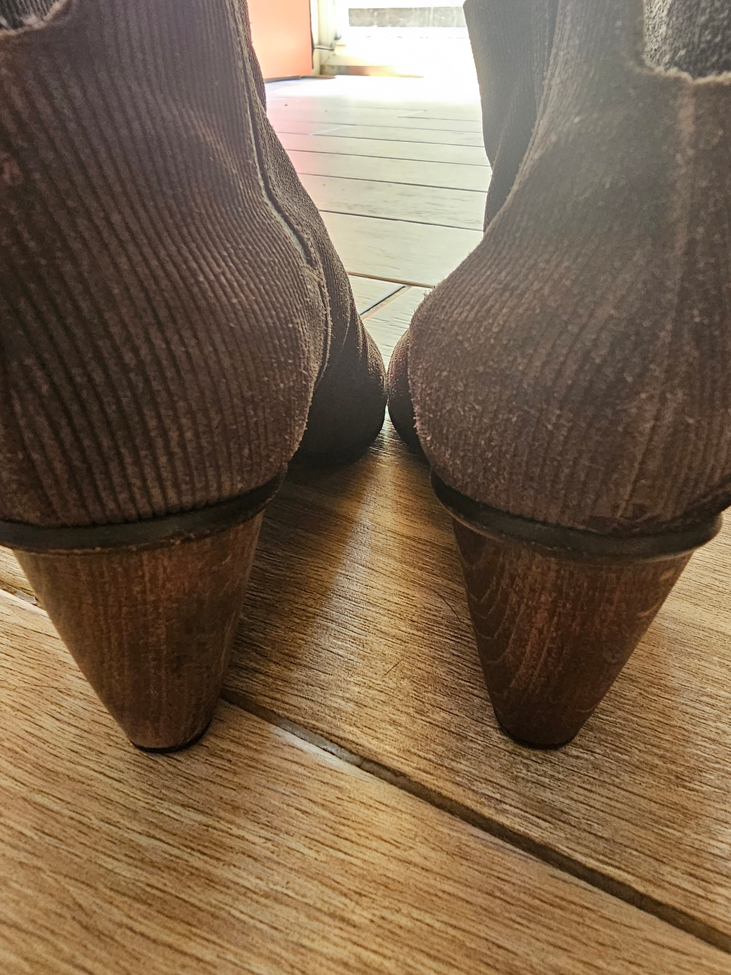 Coclico Spain Ankle Boots – Women’s EU 38 / US 7.5–8 – Brown Corduroy-Style Fabric with Leather Block Heel