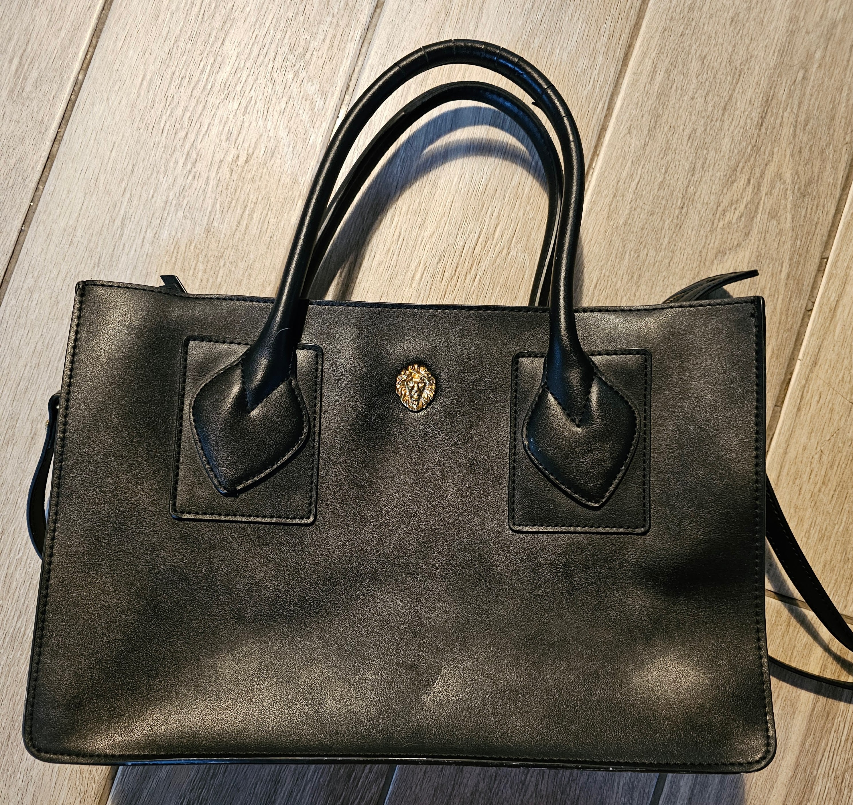 Anne Klein Black Structured Satchel Tote – Gold Lion Emblem – Top Handle & Crossbody Strap