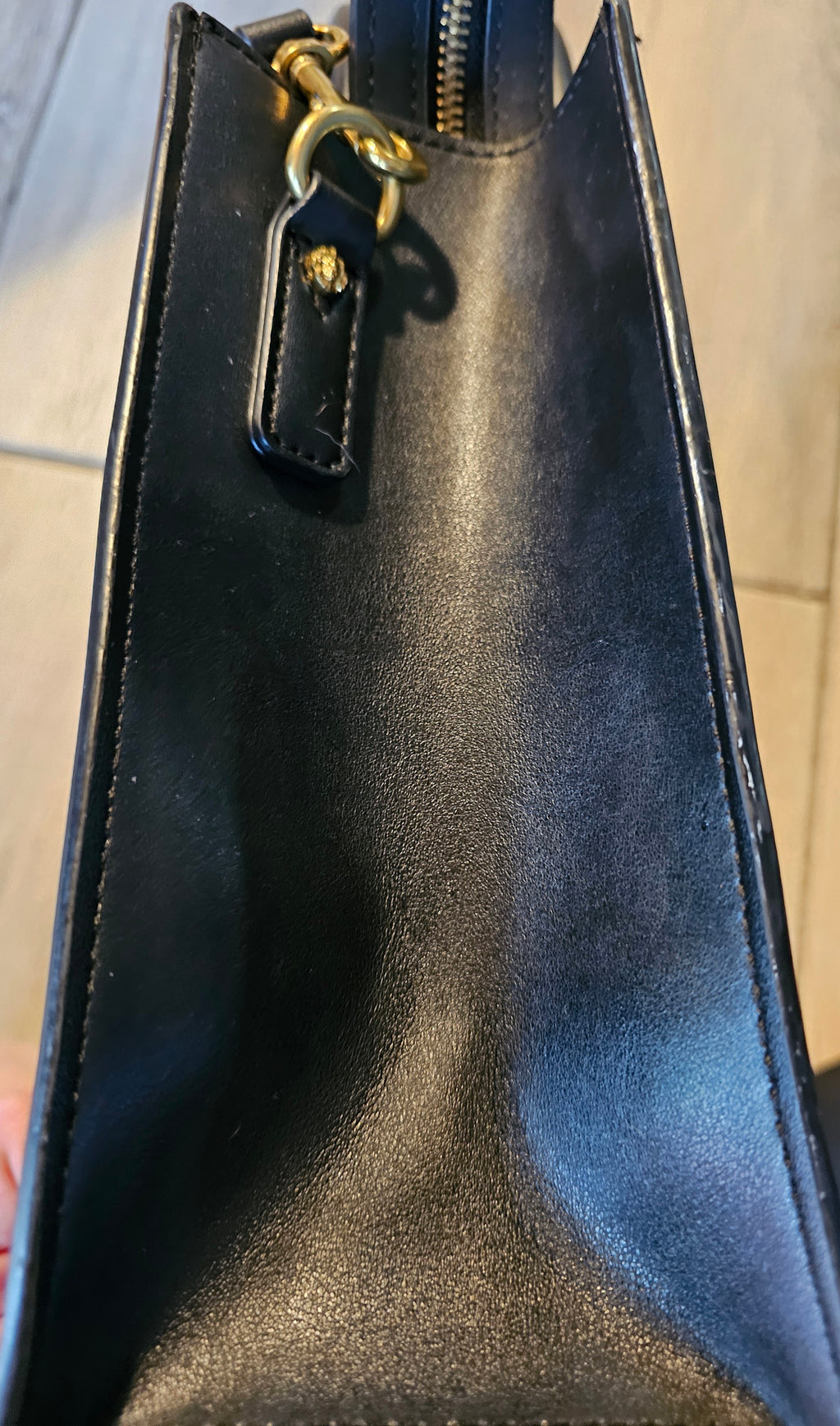 Anne Klein Black Structured Satchel Tote – Gold Lion Emblem – Top Handle & Crossbody Strap