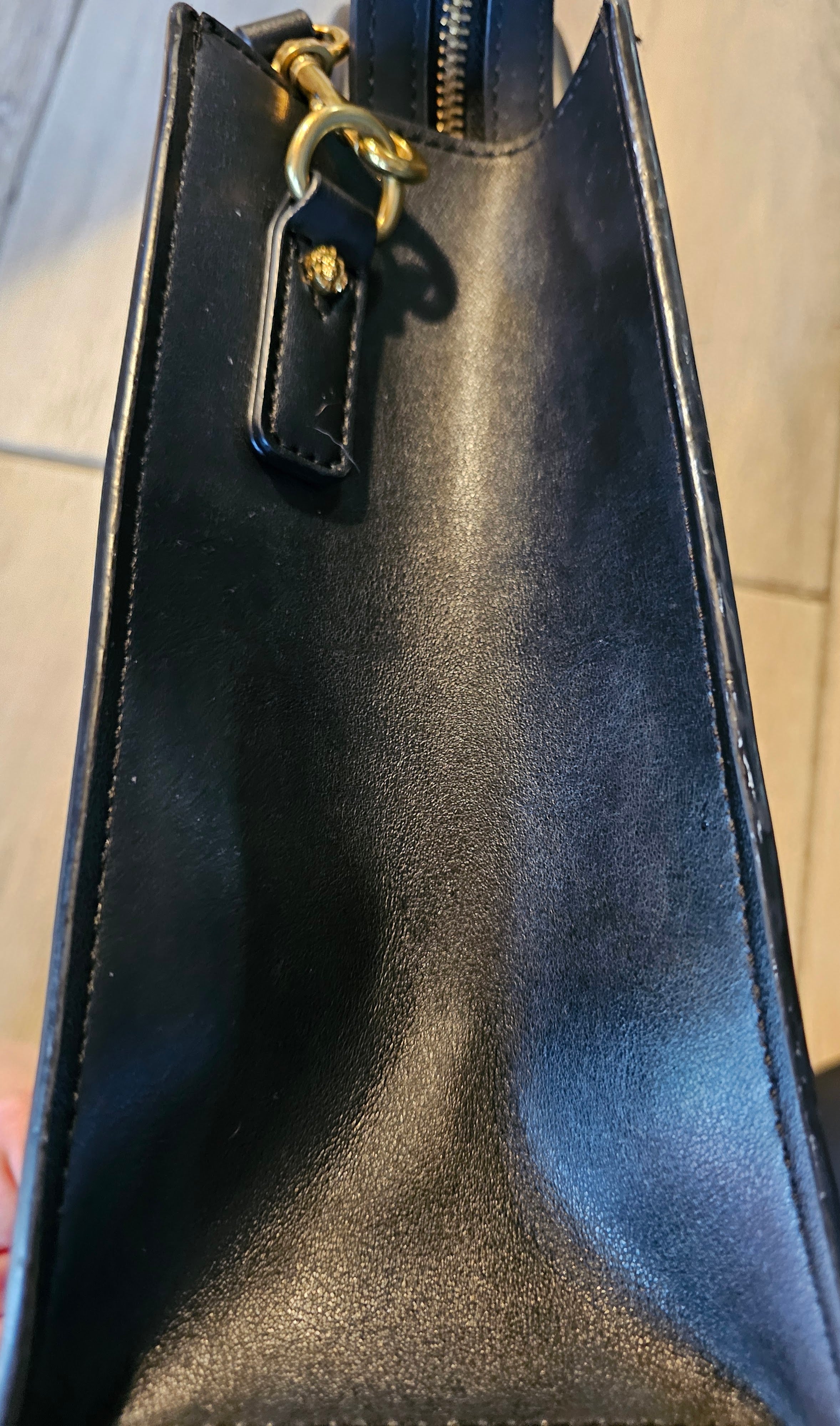 Anne Klein Black Structured Satchel Tote – Gold Lion Emblem – Top Handle & Crossbody Strap