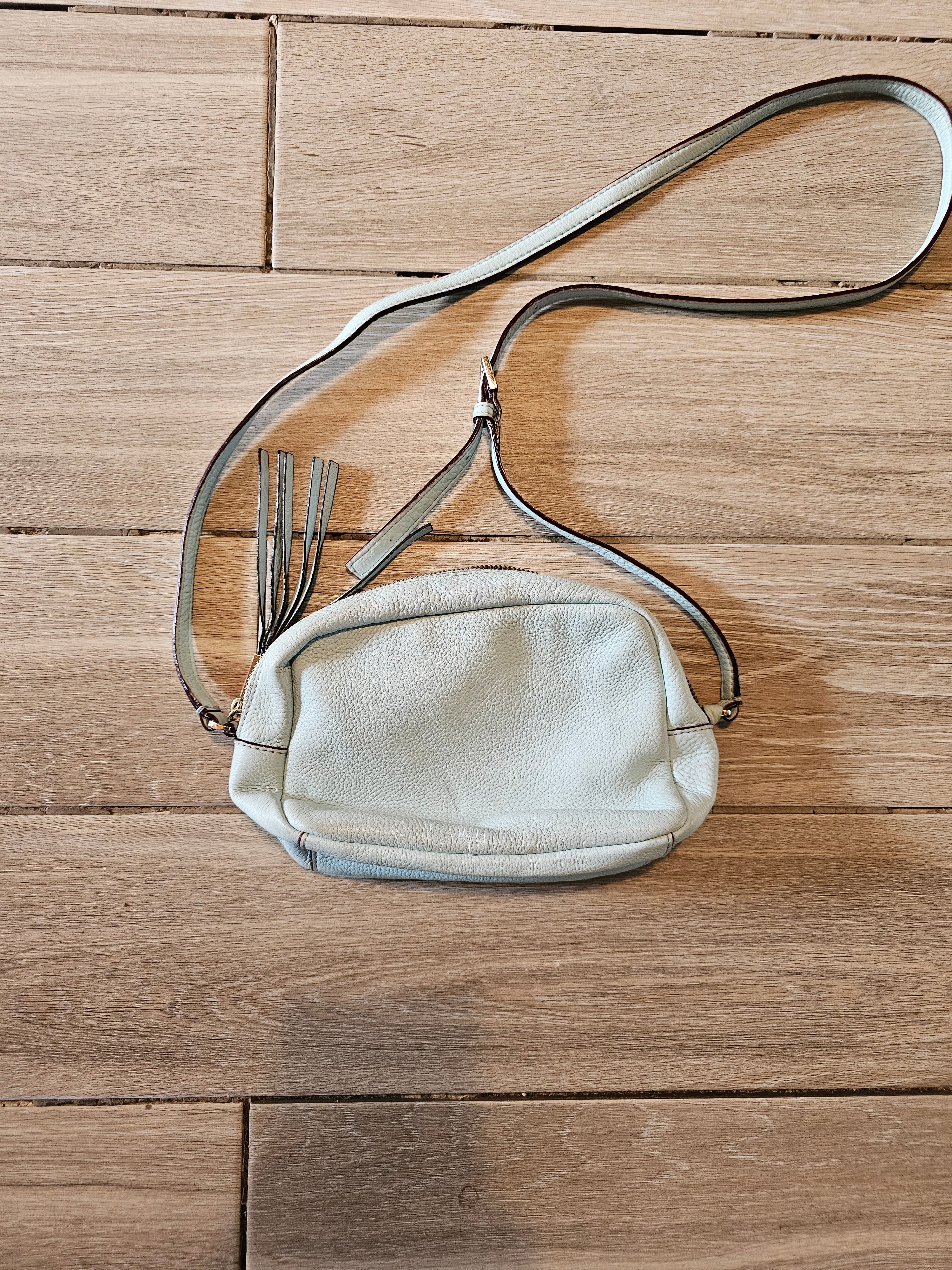 Kate Spade New York Crossbody Bag – Light Blue Pebbled Leather – Adjustable Strap – Minor Stains