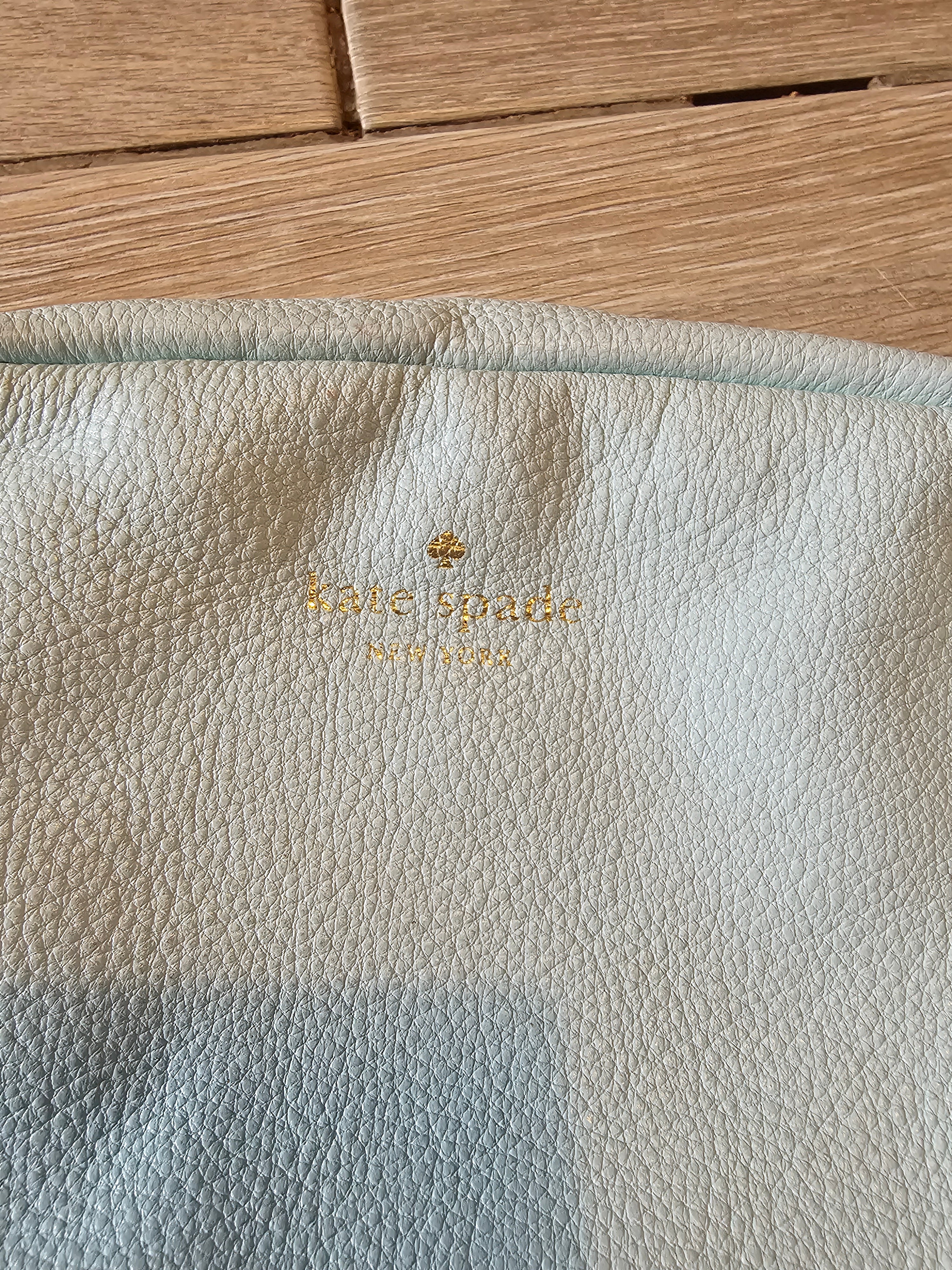 Kate Spade New York Crossbody Bag – Light Blue Pebbled Leather – Adjustable Strap – Minor Stains