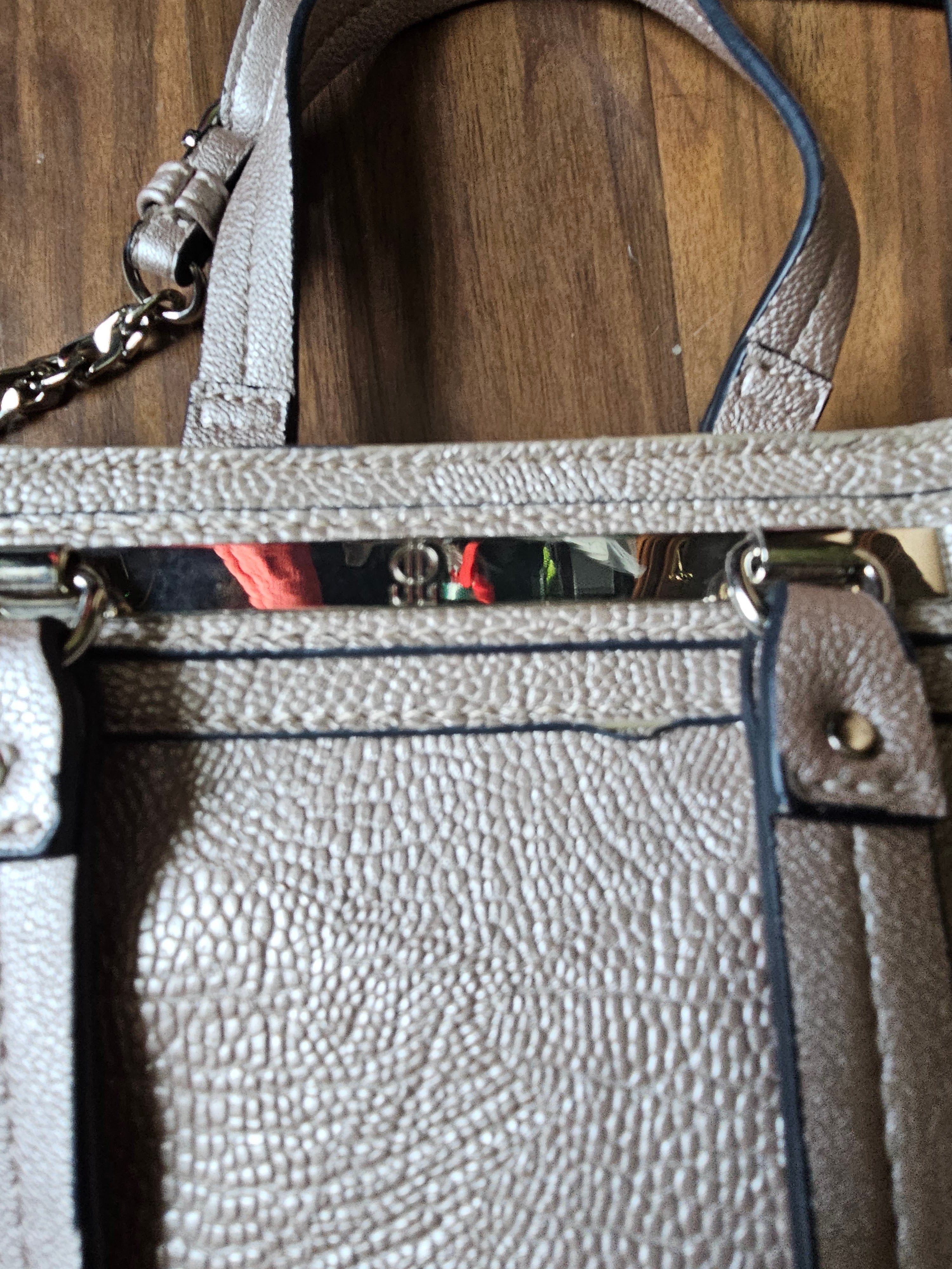 Jennifer Lopez Taupe Pebbled Faux Leather Satchel Purse – Chain Strap, Crossbody