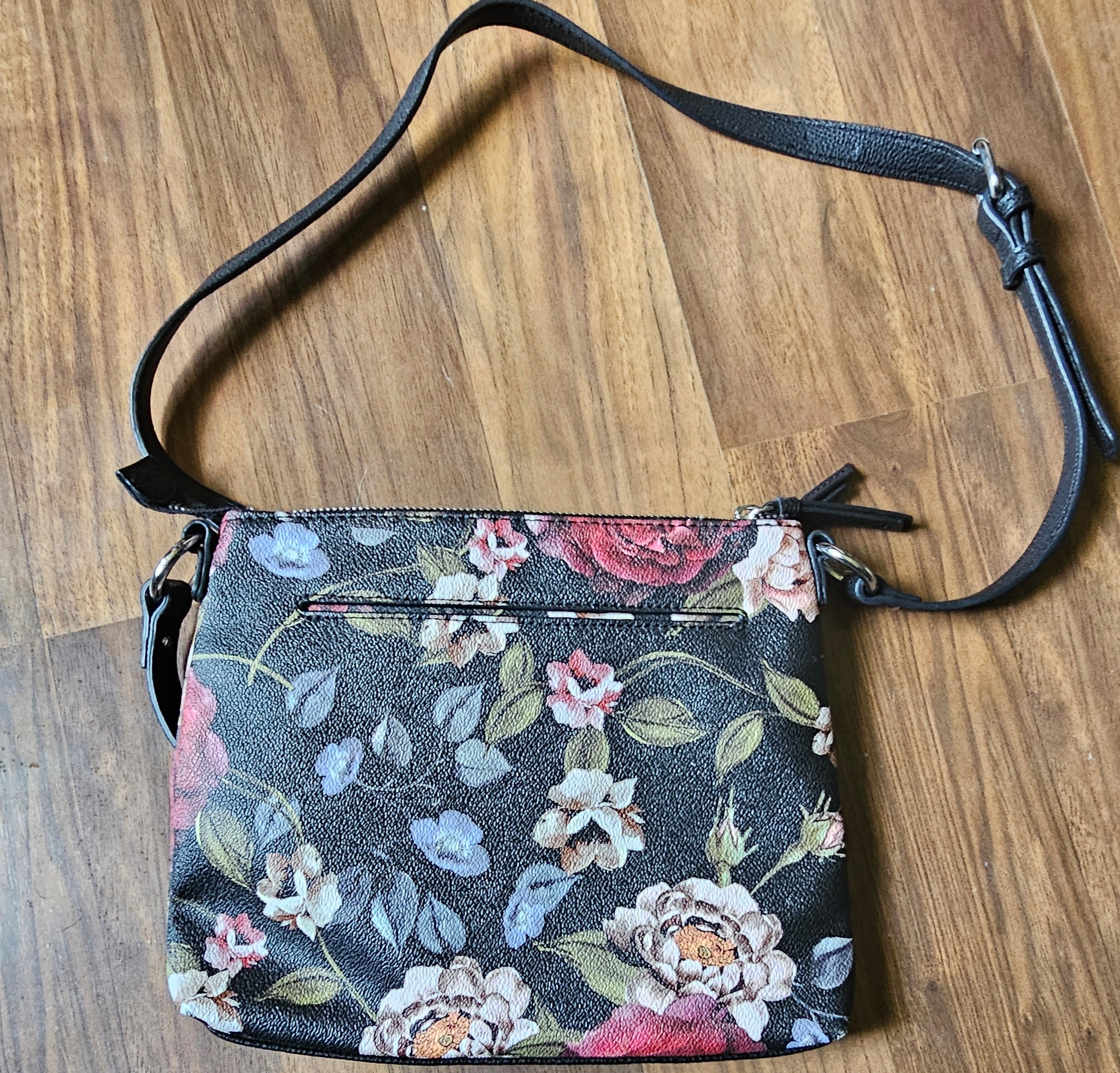 Dana Buchman Floral Crossbody Purse Handbag – Black with Multicolor Flowers