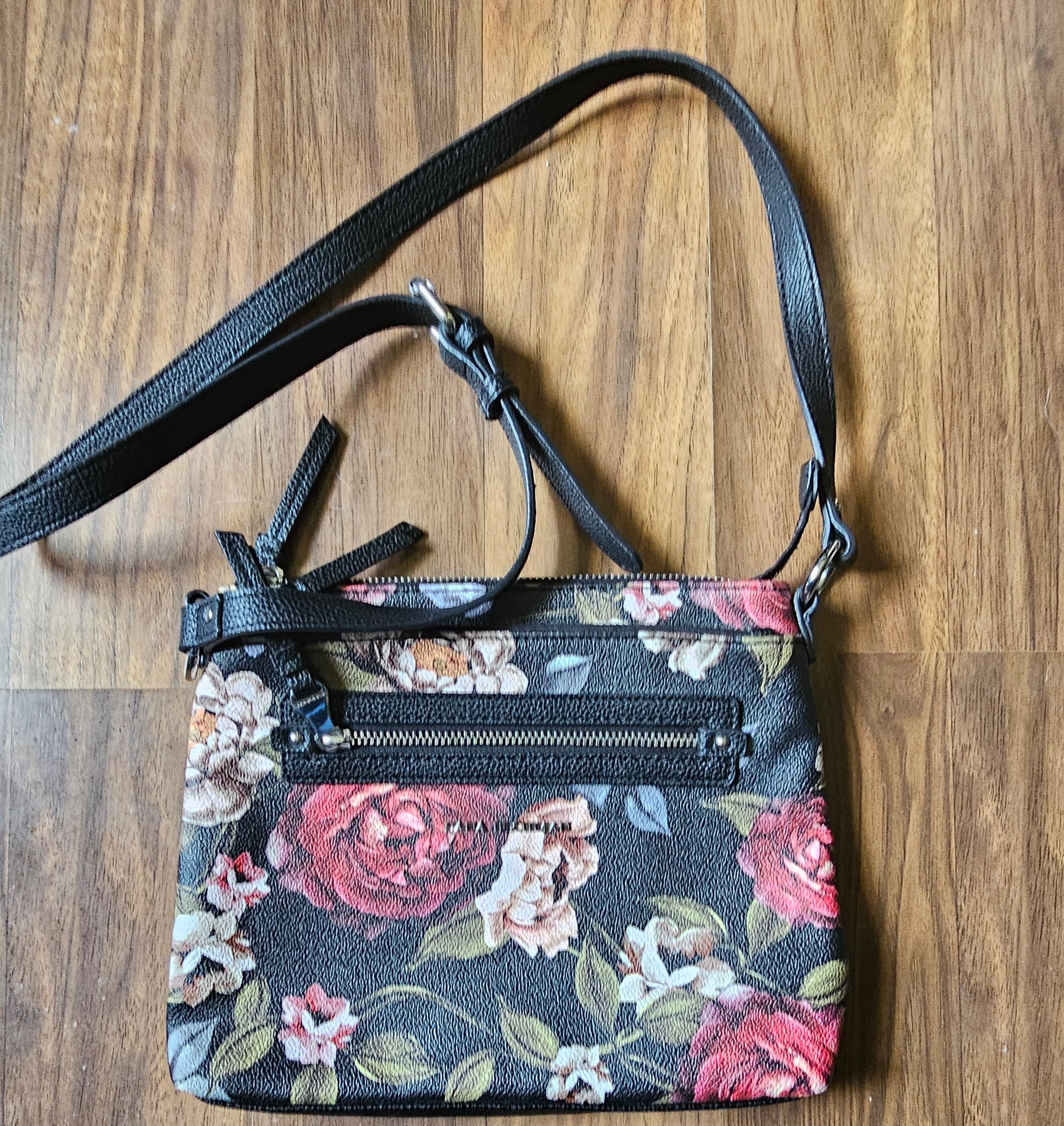Dana Buchman Floral Crossbody Purse Handbag – Black with Multicolor Flowers