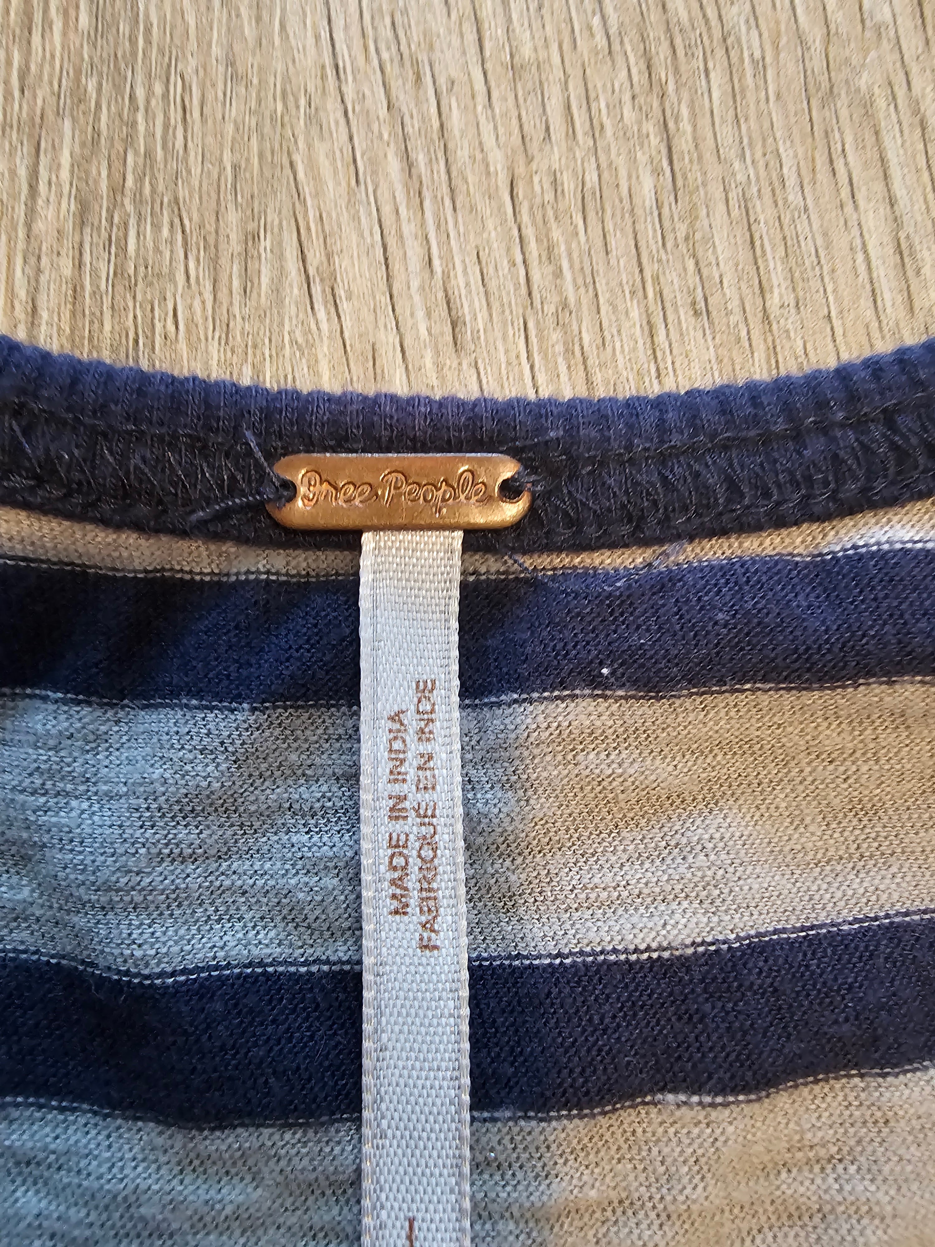 Free People Embroidered Striped Tank Top – Navy & Gray with Red Detail – Size Large