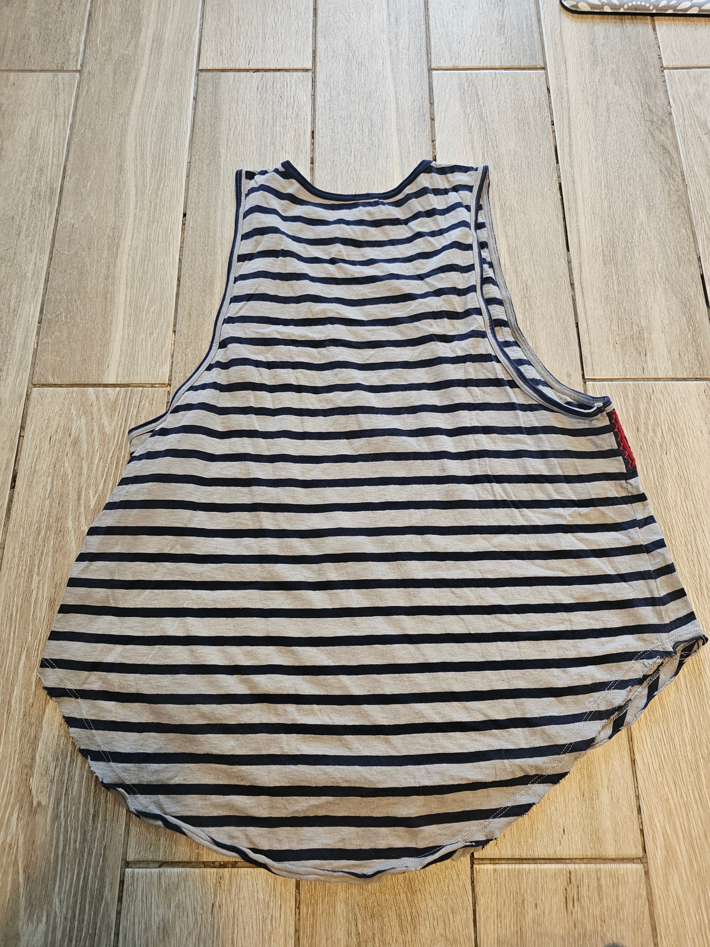 Free People Embroidered Striped Tank Top – Navy & Gray with Red Detail – Size Large