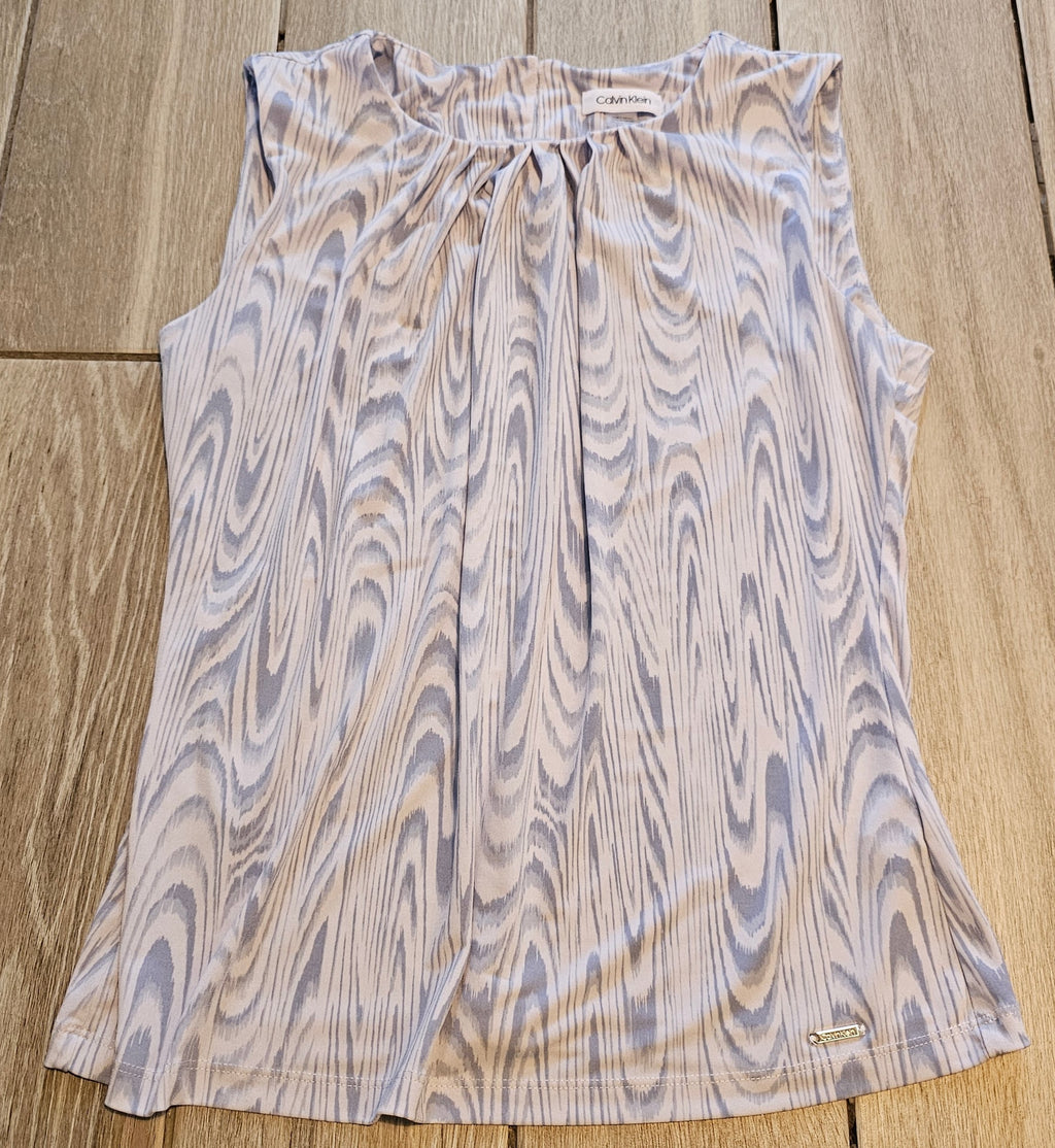 Calvin Klein Sleeveless Blouse – Abstract Woodgrain Print – Size Large