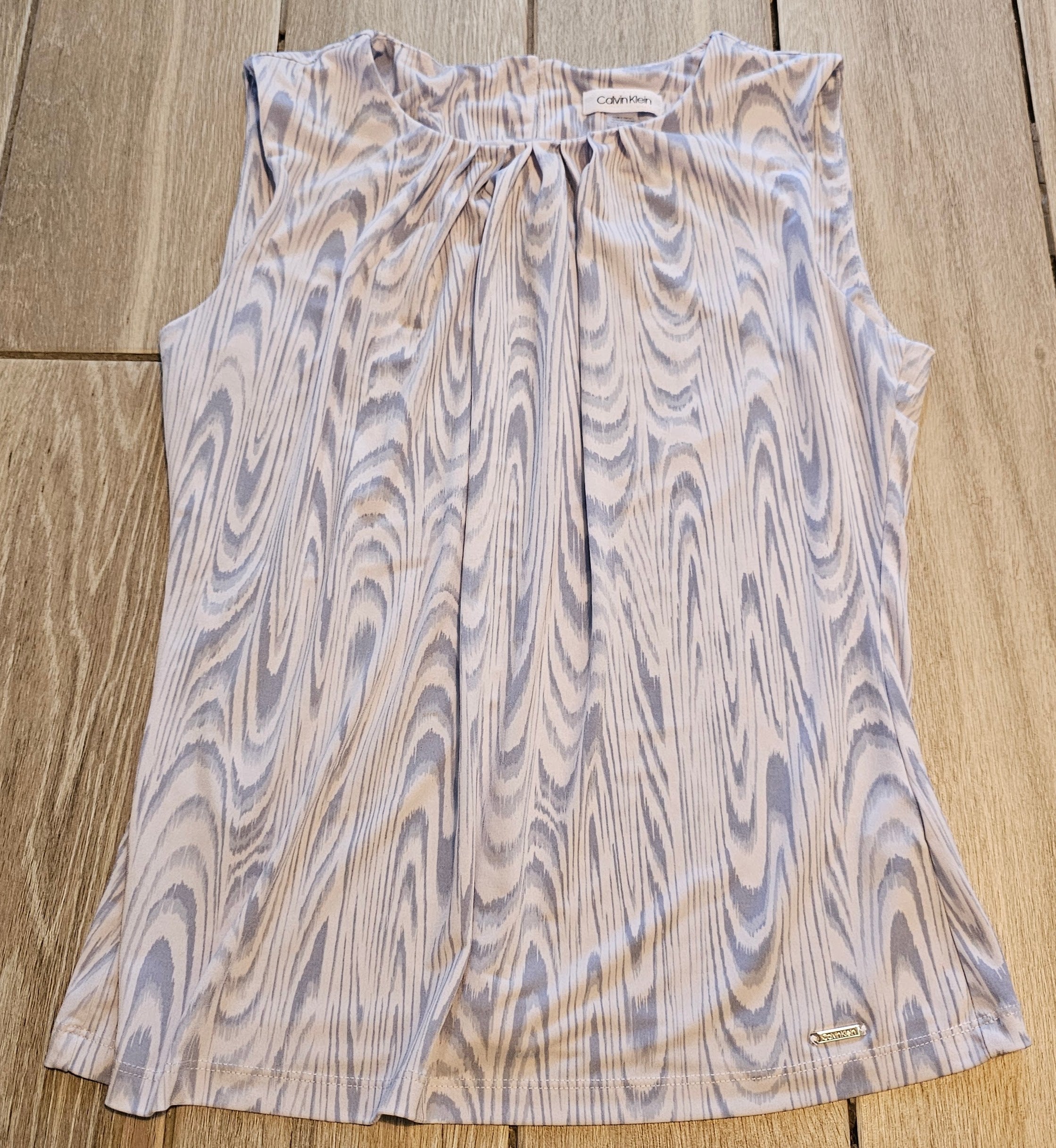 Calvin Klein Sleeveless Blouse – Abstract Woodgrain Print – Size Large