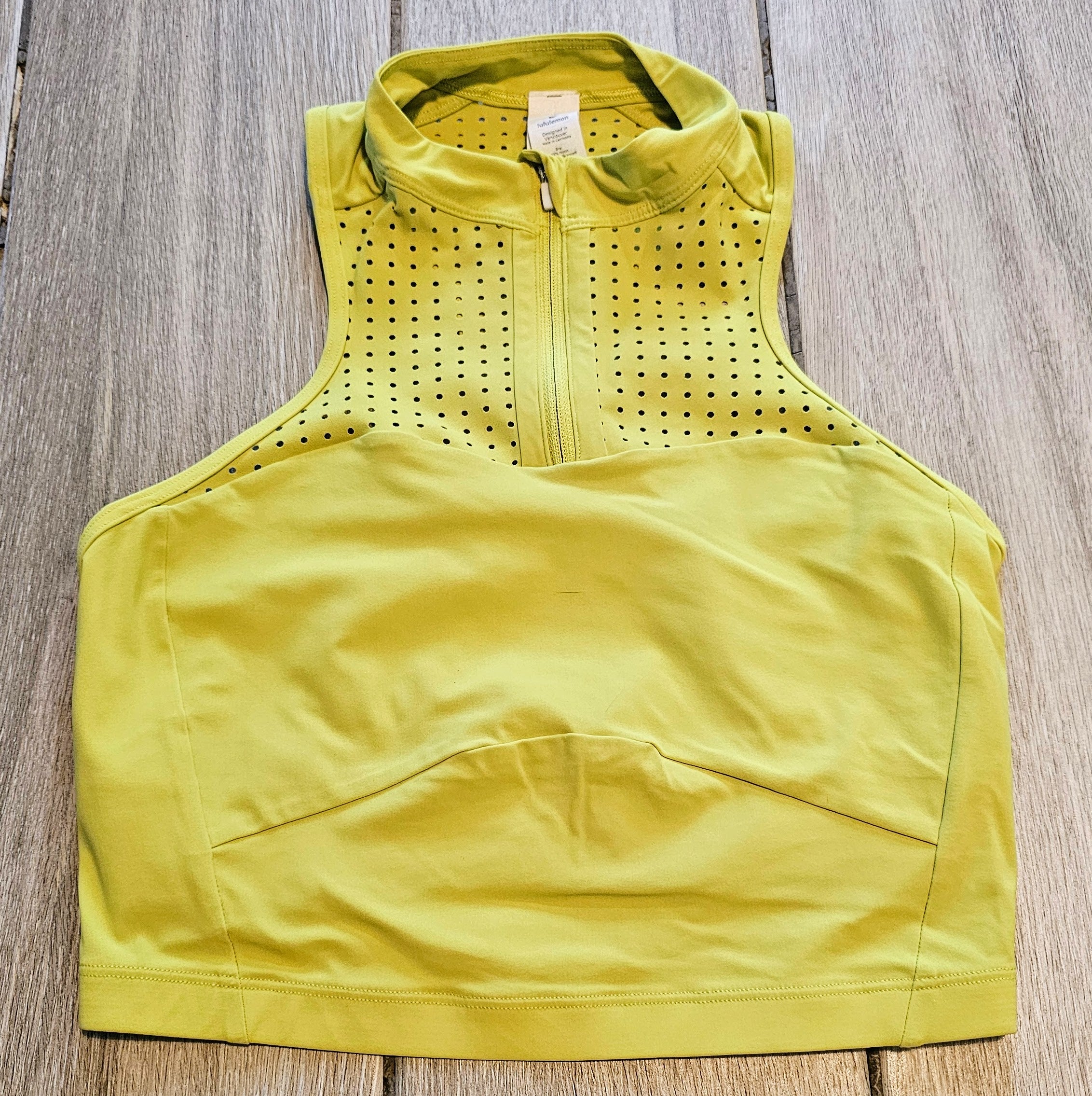 Lululemon High-Neck Zip Front Perforated Sports Bra – Neon Yellow – Size 4