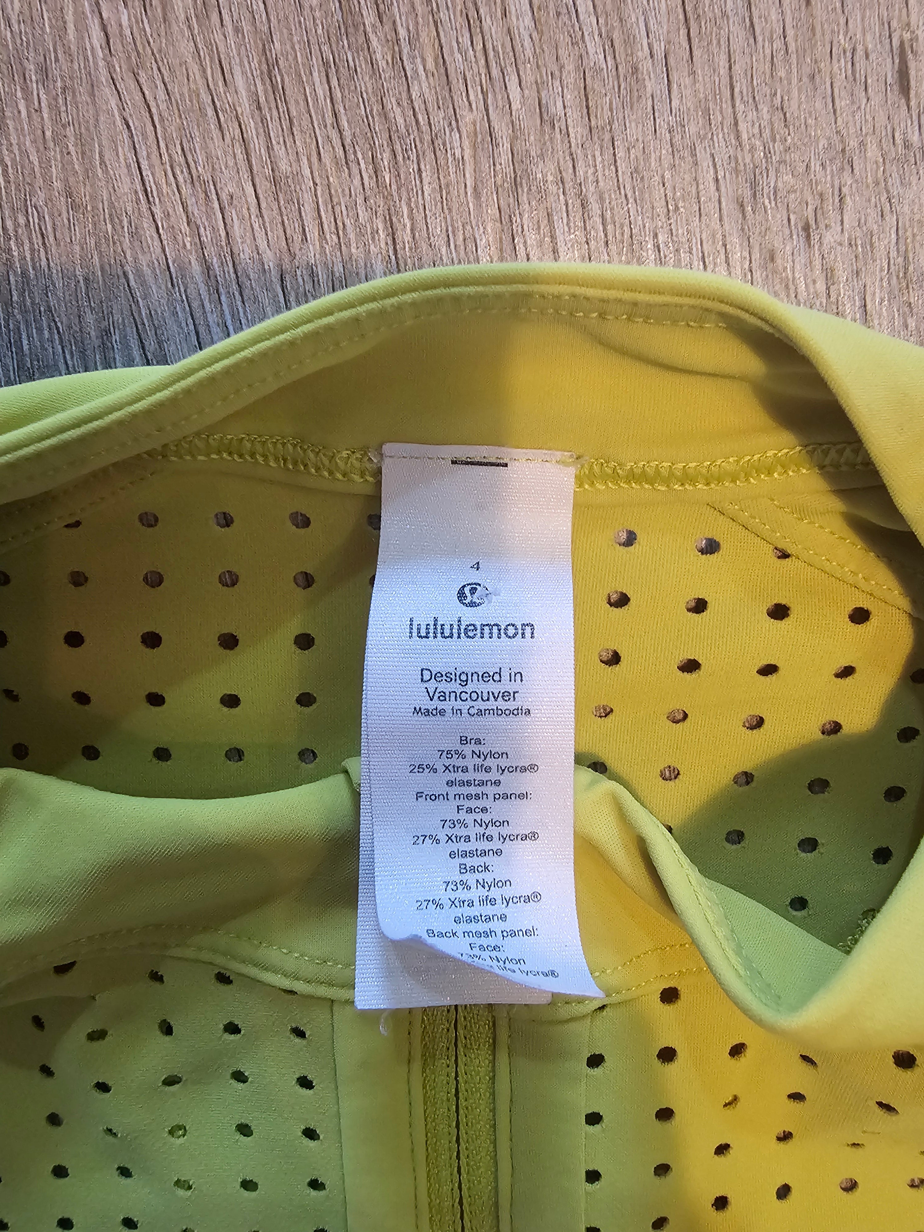 Lululemon High-Neck Zip Front Perforated Sports Bra – Neon Yellow – Size 4