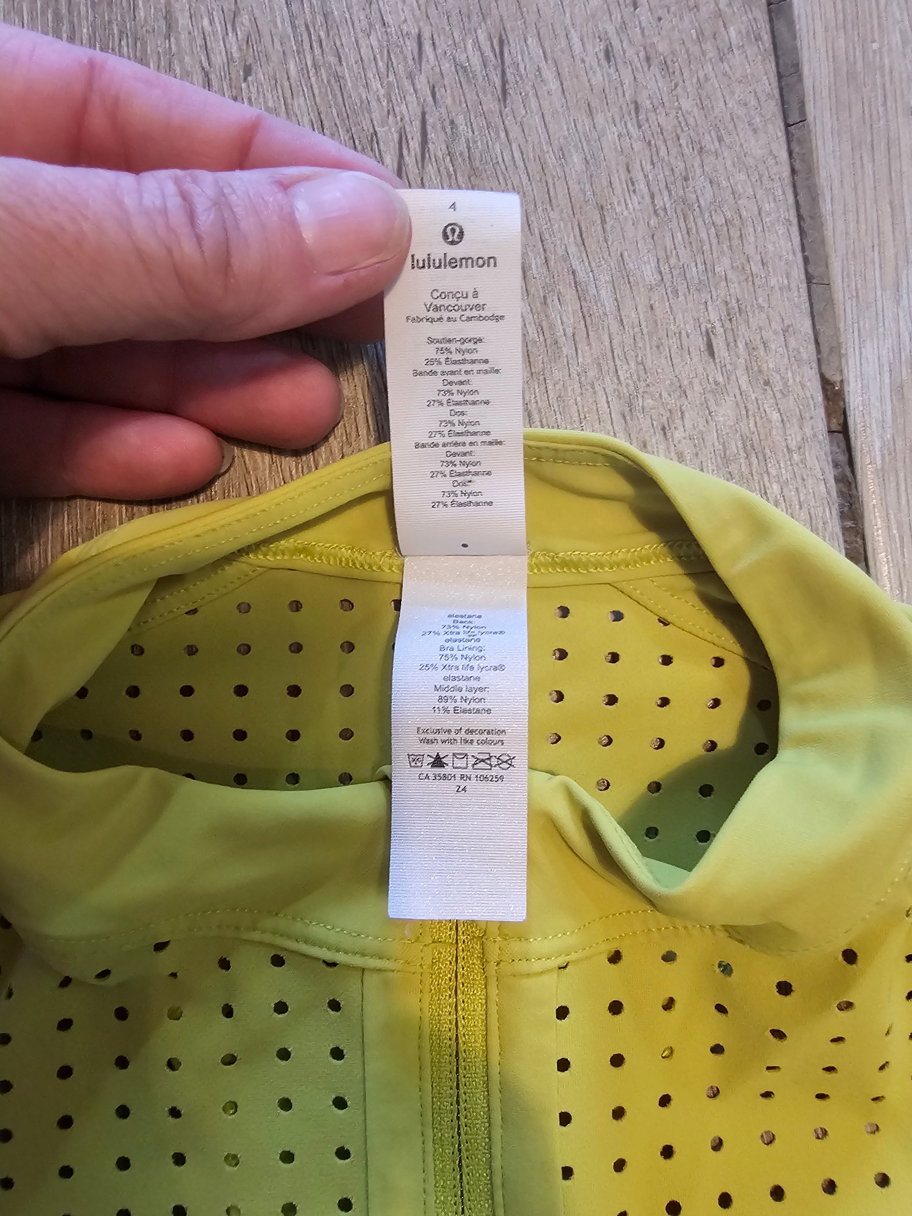 Lululemon High-Neck Zip Front Perforated Sports Bra – Neon Yellow – Size 4