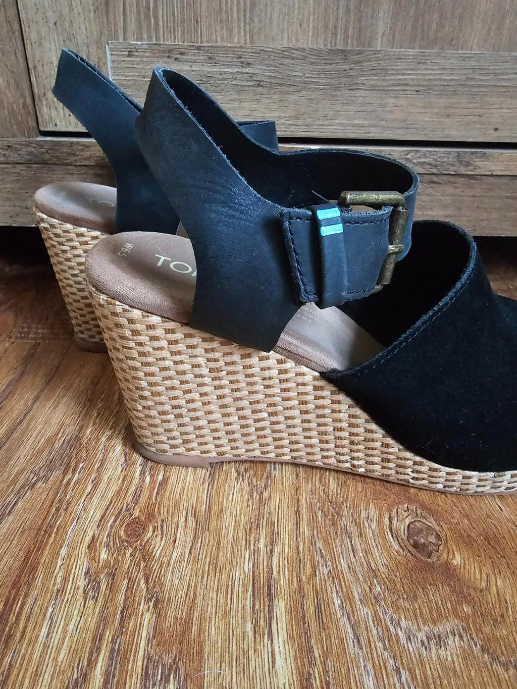 TOMS Womens Tropez Wedge Sandals Black Suede Leather Size 6.5