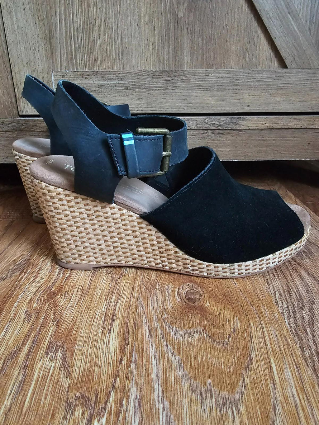 TOMS Womens Tropez Wedge Sandals Black Suede Leather Size 6.5