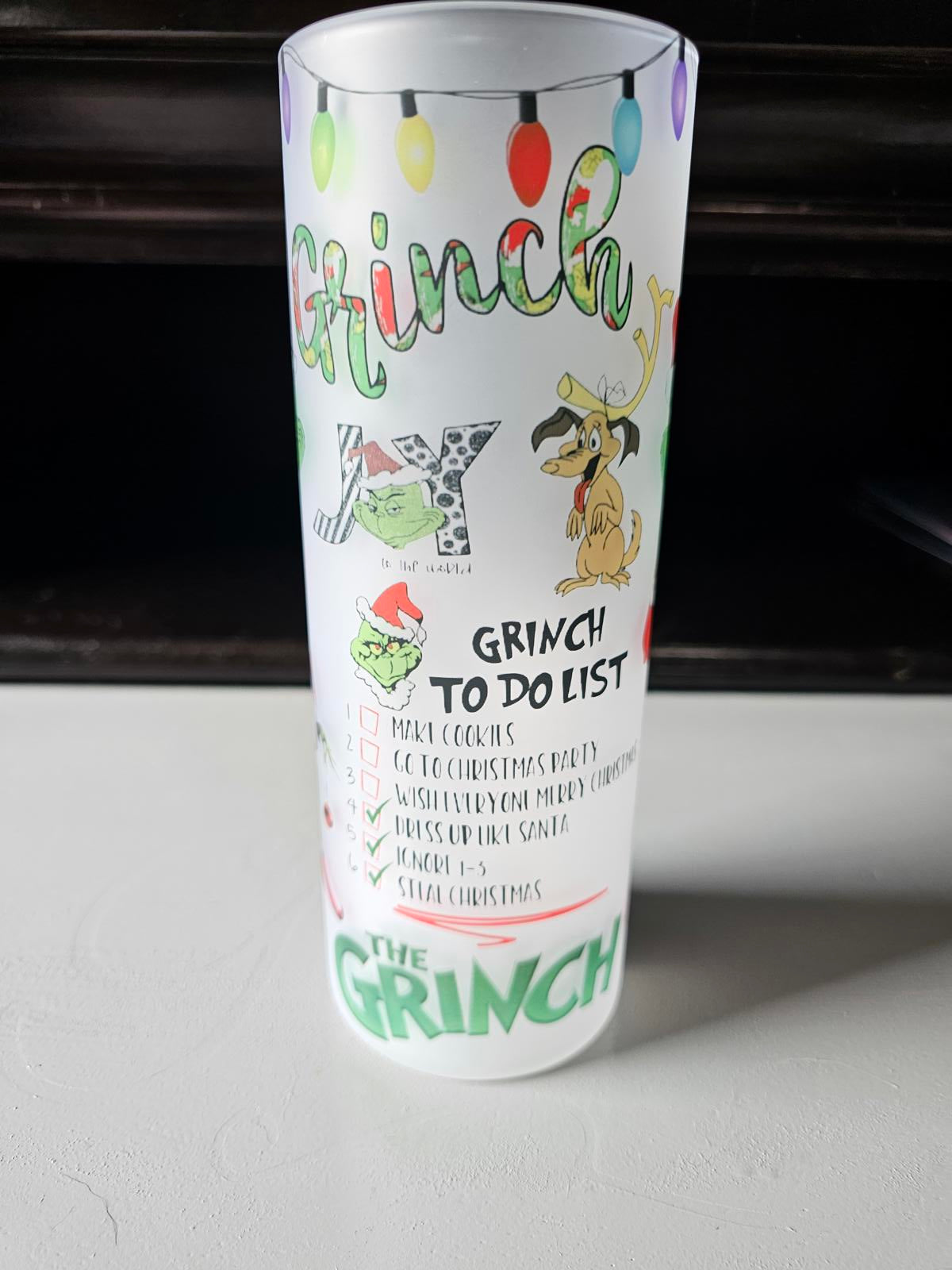 Custom 20oz Frosted Glass Grinch Tumbler – Holiday Humor, One of a Kind