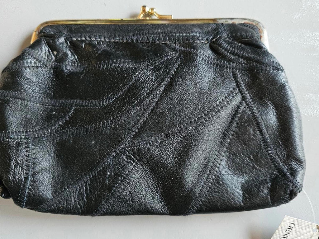 Colony One Genuine Leather Black Clutch Purse Kiss Lock Frame NWT Vintage
