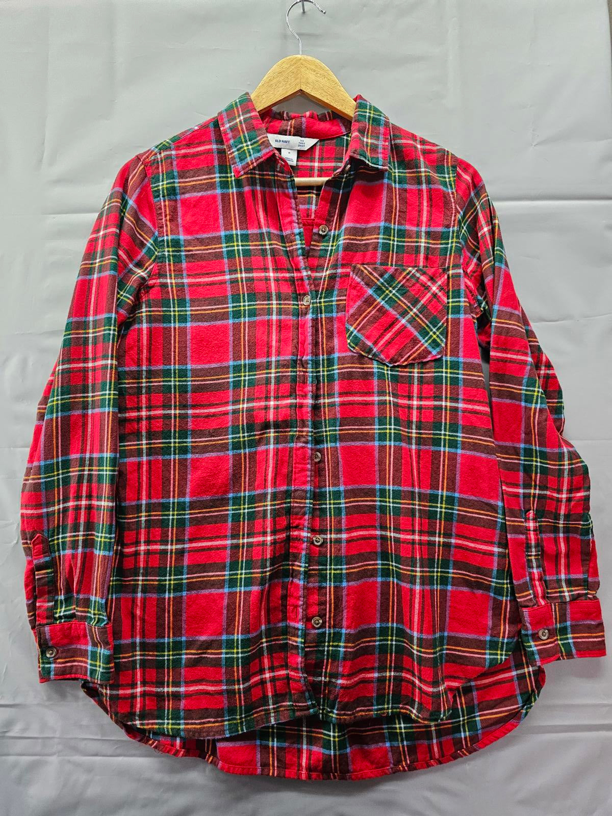 Old Navy Red Plaid Flannel Tunic Shirt Long Sleeve Button Front Women's Medium