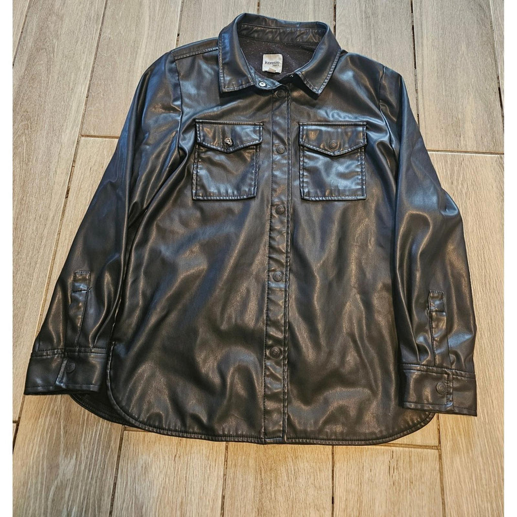 Kensie Jeans Black Faux Leather Button Up Shirt Jacket Women's Medium