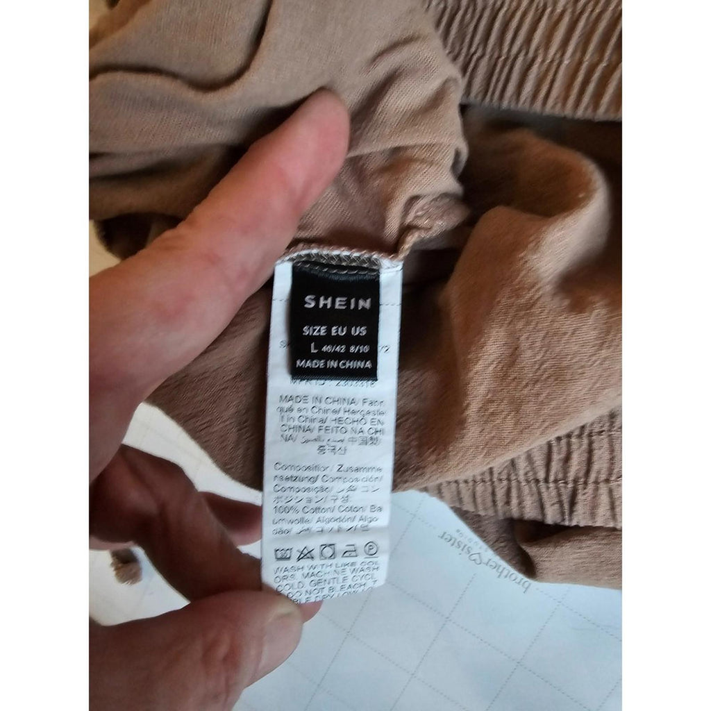 SHEIN Taupe Wide Leg Cotton Pants Large Elastic Waist Pockets Casual