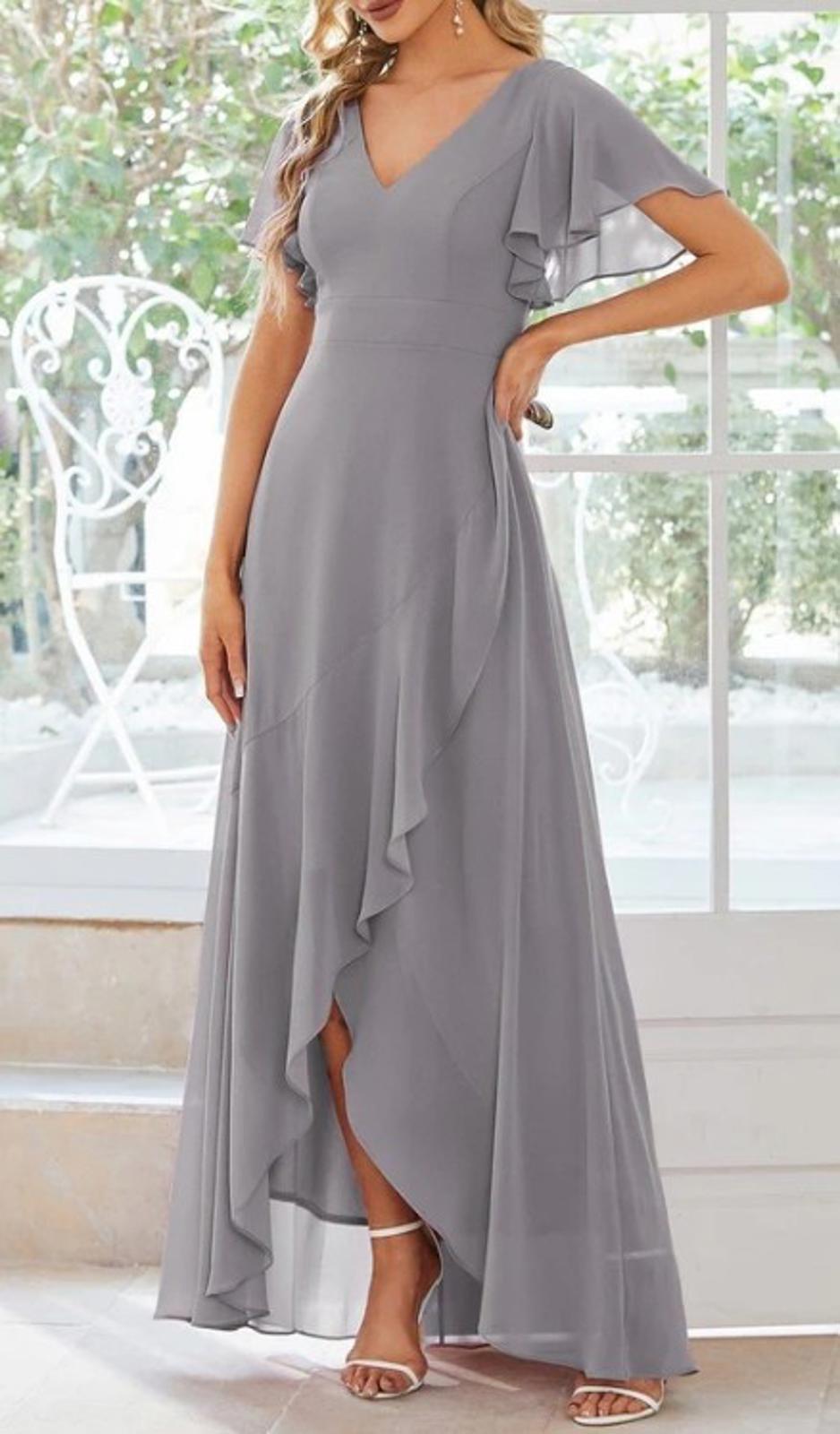 Ever Pretty Gray Chiffon Bridesmaid Dress 2XL US16 VNeck Ruffle Hem