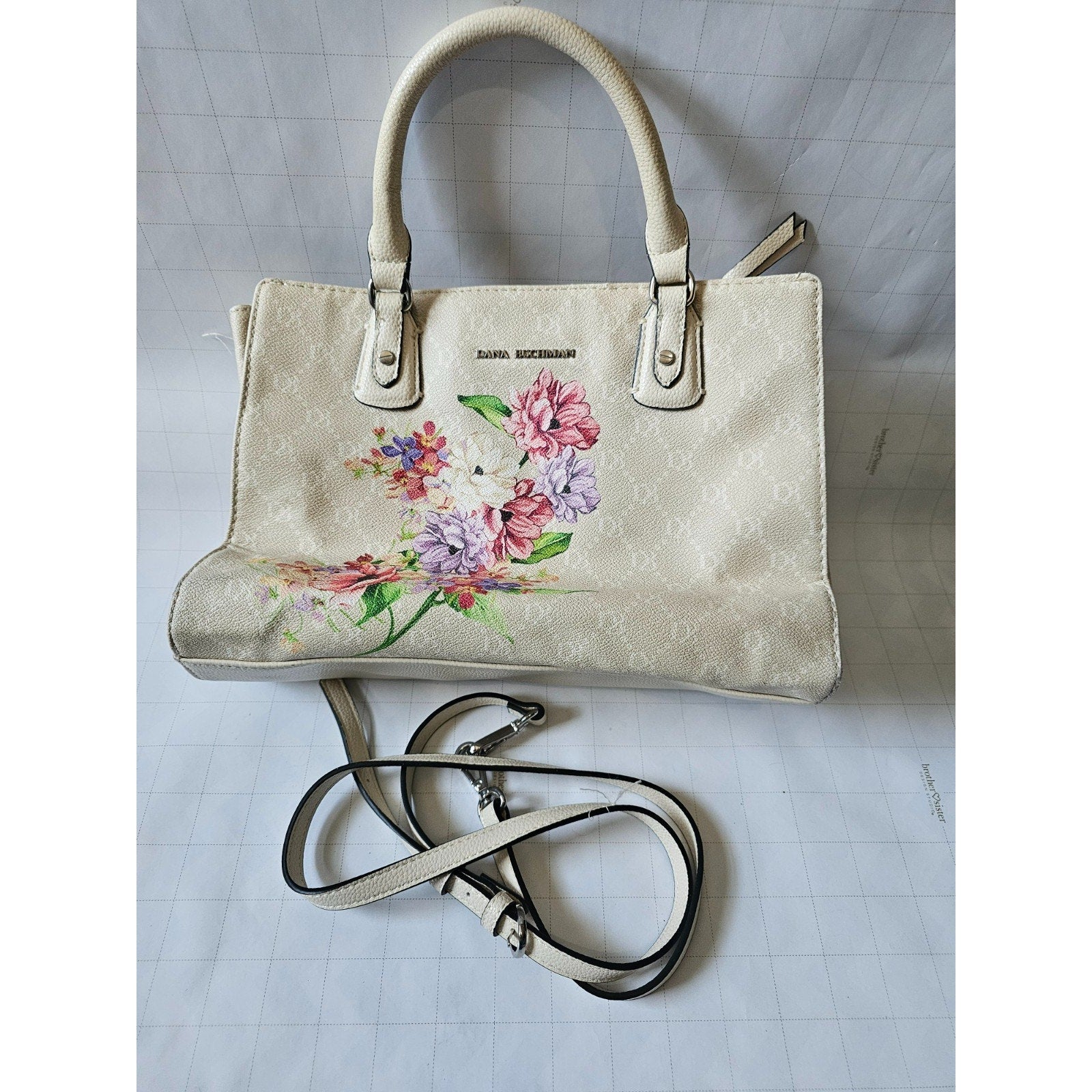 Dana Buchman Floral Print Satchel Tote Bag Cream Faux Leather DB Monogram