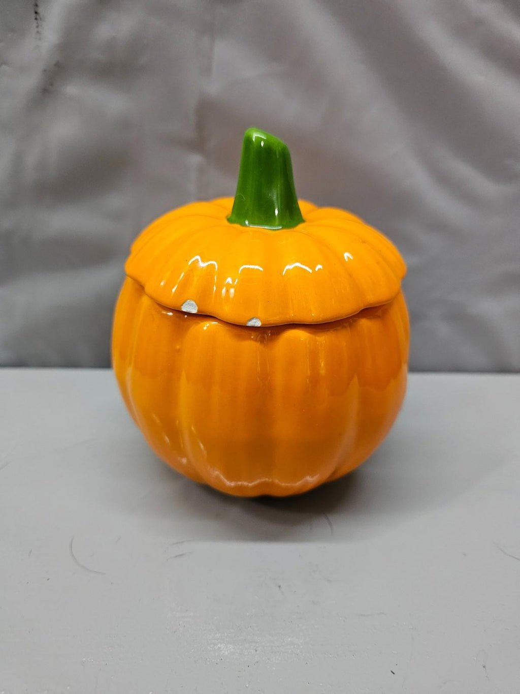 Ceramic Pumpkin Jar with Lid Orange Green Stem Fall Kitchen Decor