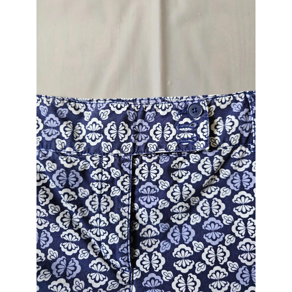 Ann Taylor LOFT Blue Floral Capri Pants 14 Cropped Button Tab Mid Rise
