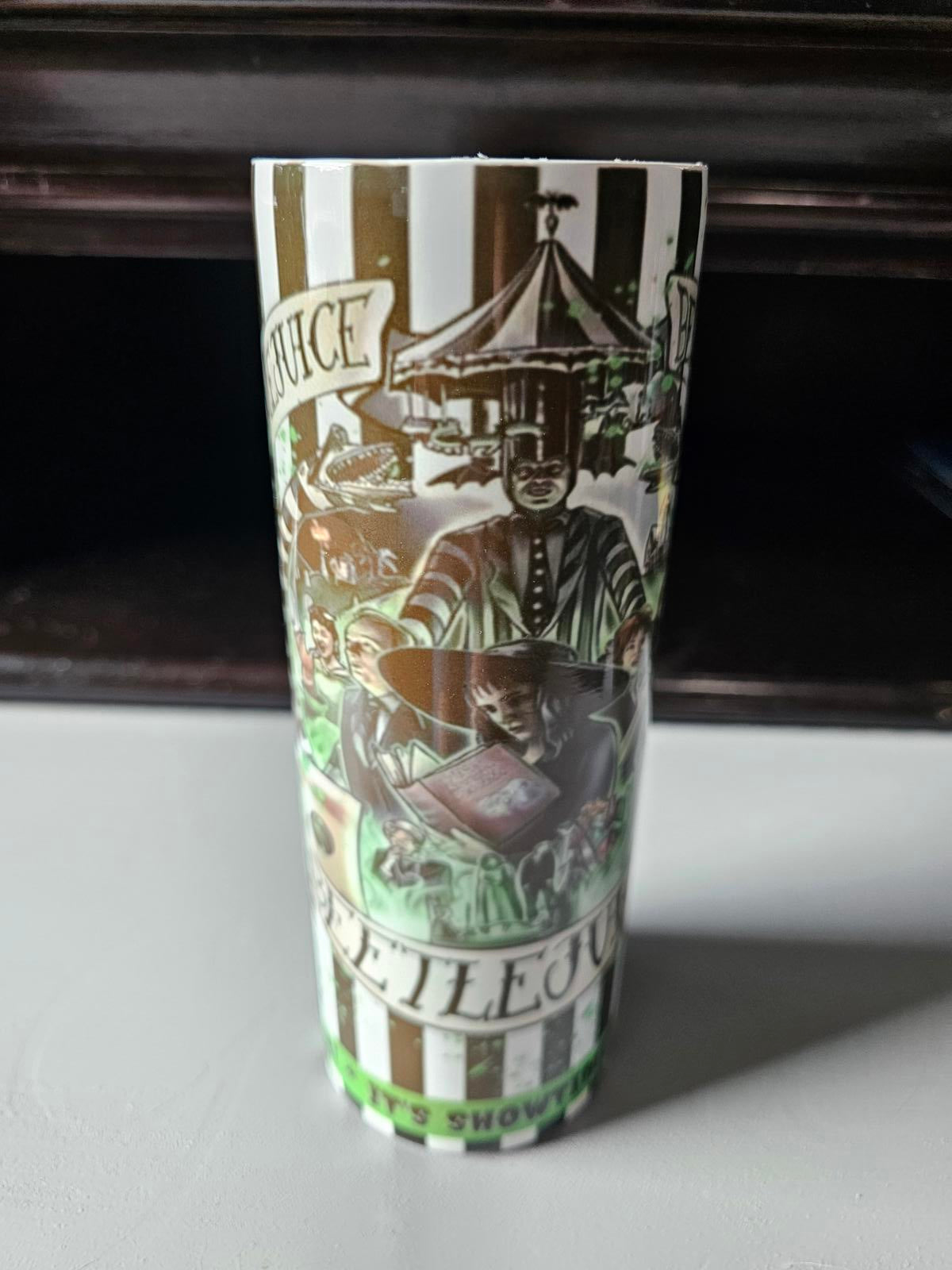 Custom 20oz Beetlejuice Tumbler – It’s Showtime Design, As-Is Blurry Print
