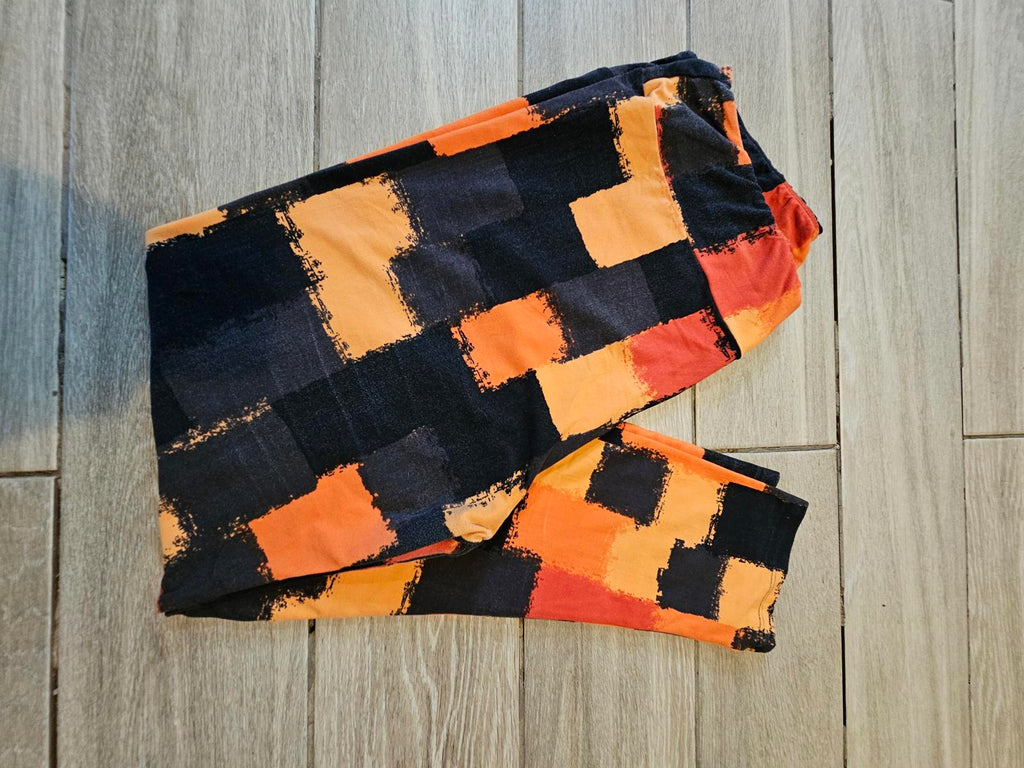 Lularoe TC2 Leggings Orange Black Plaid Brush Print Halloween Colors