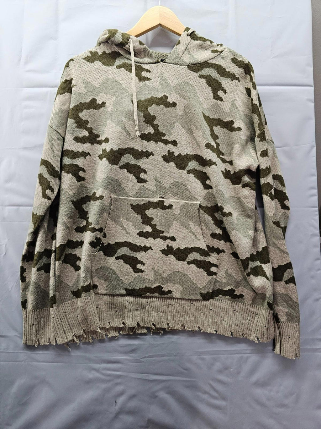 Fate Camo Distressed Knit Hoodie Sweater Medium Slouchy Grunge Boho Pullover