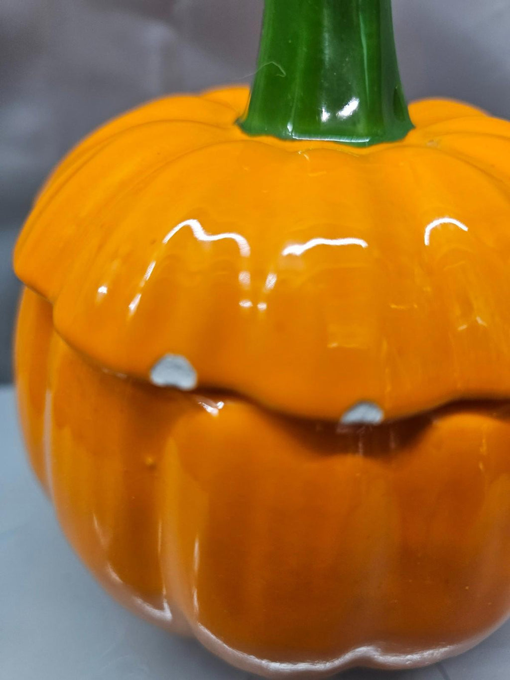 Ceramic Pumpkin Jar with Lid Orange Green Stem Fall Kitchen Decor